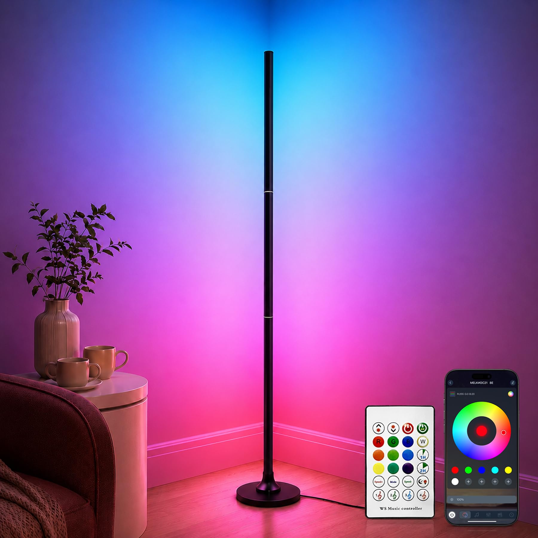 Aogled RGB Stehlampe Dimmbar 120cm mit App & Fernbedienung | 16 Millionen Farben, Musik Sync, Abnehmbare Ecklampe, DIY Stimmungslicht