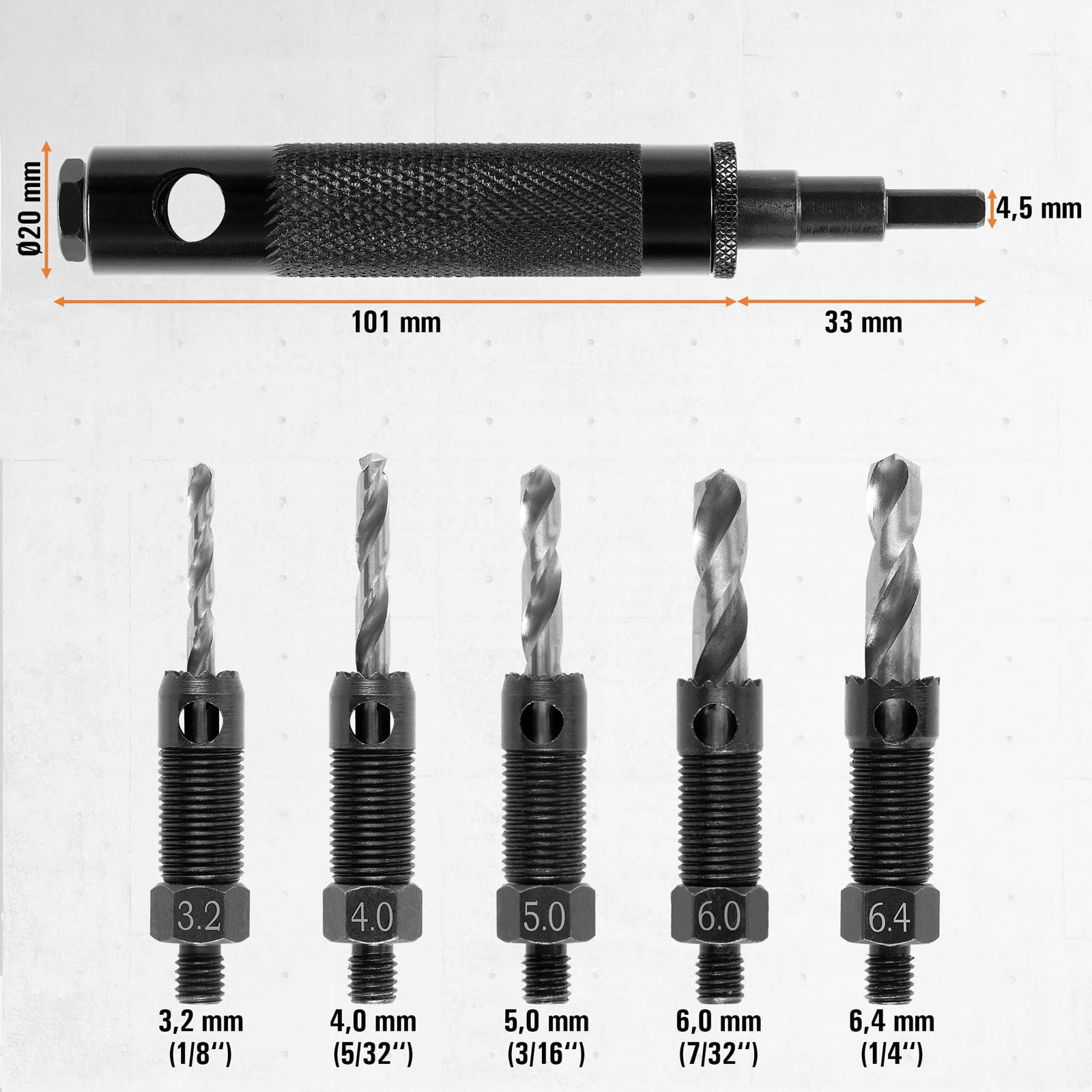 BAUTEC Werkzeugset zum Entfernen von Blindnieten » 5 Bohrer mit Fräskopf (∅ 3,2 bis 6,4 mm) » Nietenzieher für Wartung, Instandsetzung und Demontagearbeiten » Nietenentfernungswerkzeug