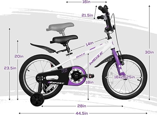 Miniatura 8 de WEIZE Bicicletas para niños, bicicleta de 16 a 20 pulgadas para niños, bicicleta estilo BMX para niños y niñas de 4 a 12 años, bicicleta para niños