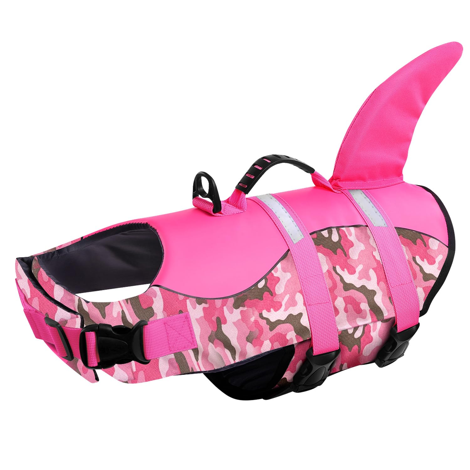 CITÉTOILE Salvagente per Cane, Giubbotto Salvagente per Cani, Ripstop Regolabile Squalo Giubbotto di salvataggio, Leggero e Sicuro per Gli Sport Acquatici, Rosa mimetico, S
