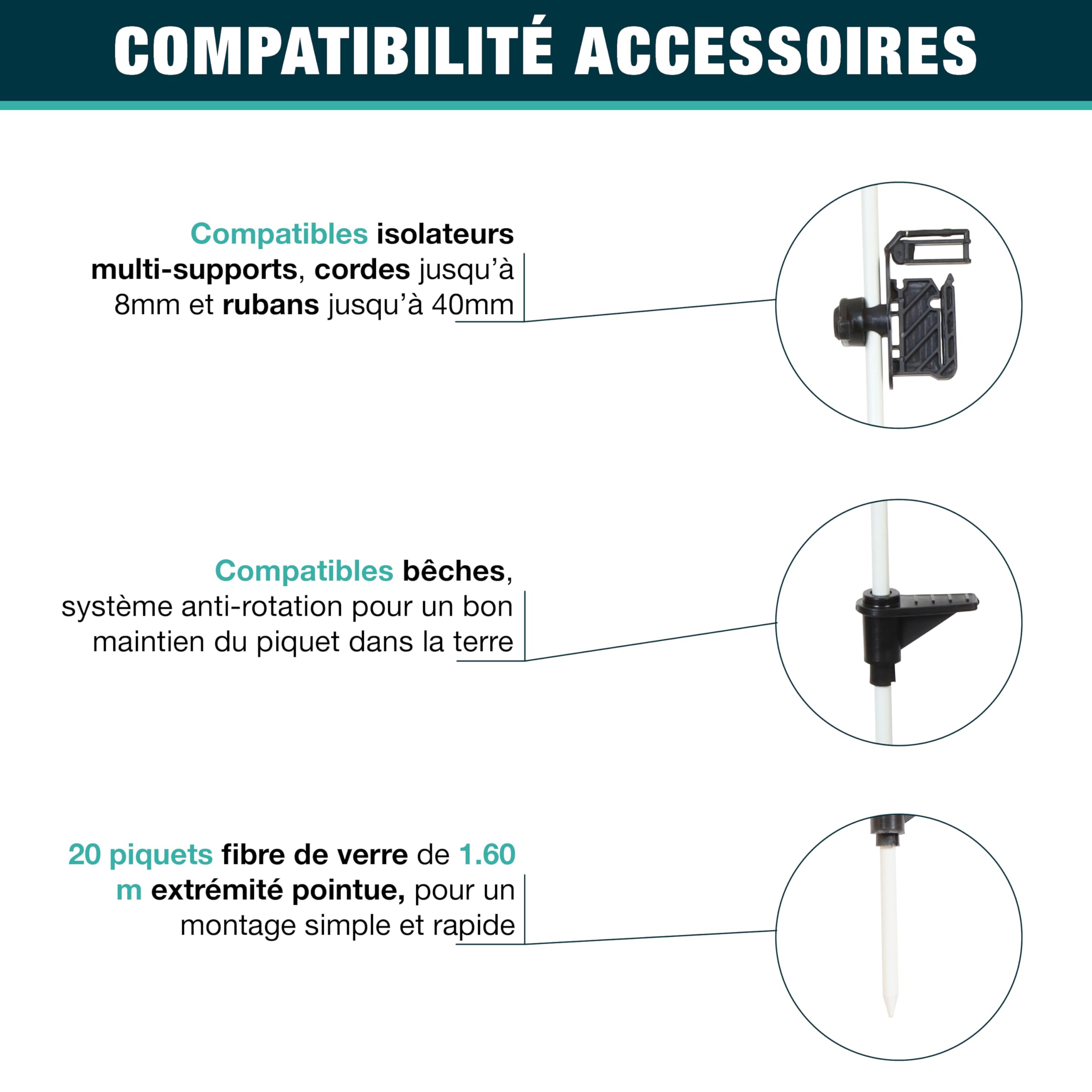 Piquets Fibre de Verre (20 piquets) pour clotûre éléctrique - 160 cm - Ø﻿ 10 mm - Durable - Facile à manier - Compatibles isolateurs Multi-Supports Fil, cordelette et Ruban Jusqu’à 40 mm