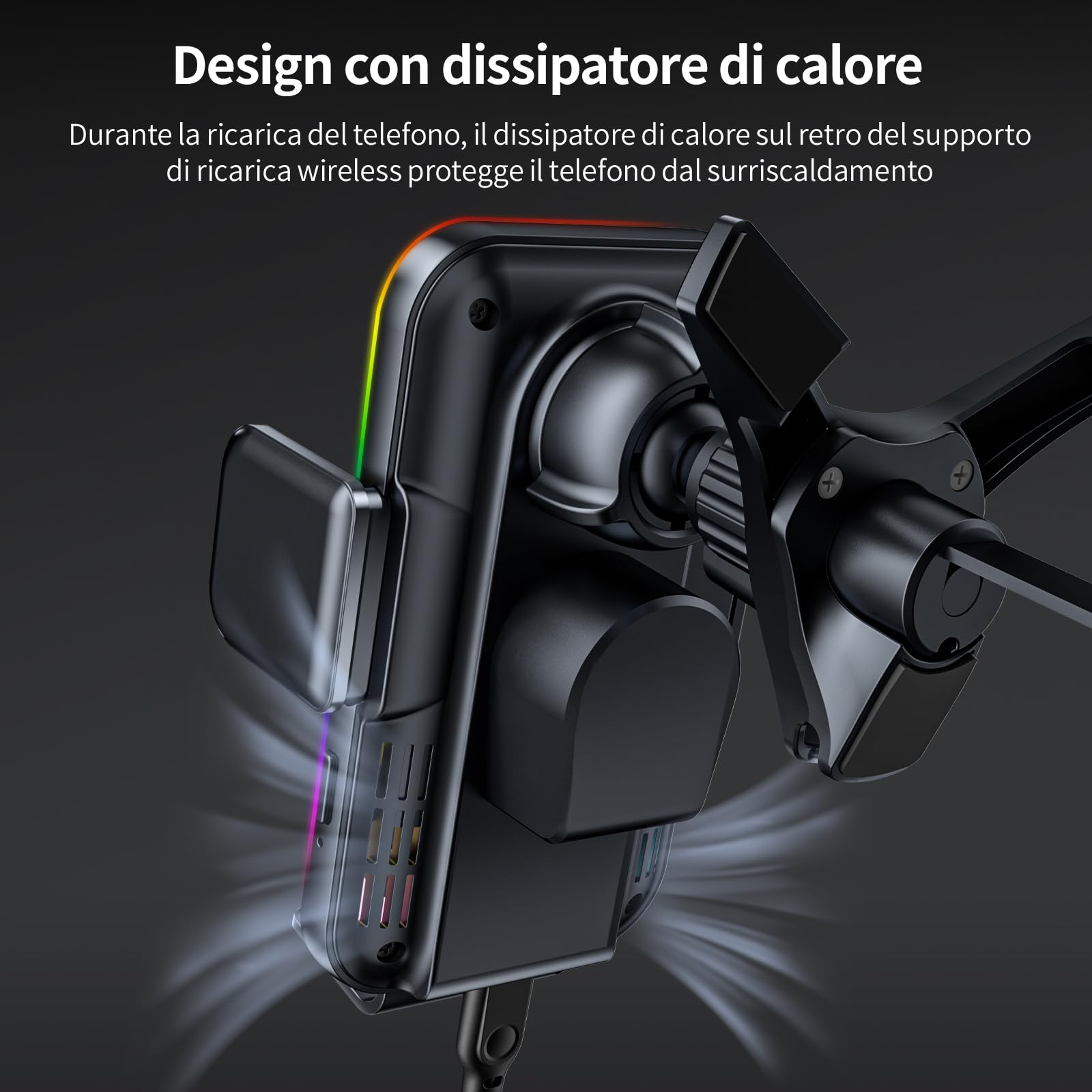 MANKIW Caricatore Wireless Auto, 15W Ricarica Wireless Auto con Bloccaggio Automatico, Rotazione 360° & Luci RGB, Compatibile con iPhone 16/15/14/13/12 Mini Pro Max, Galaxy S25/S24/S23 Ultra ecc