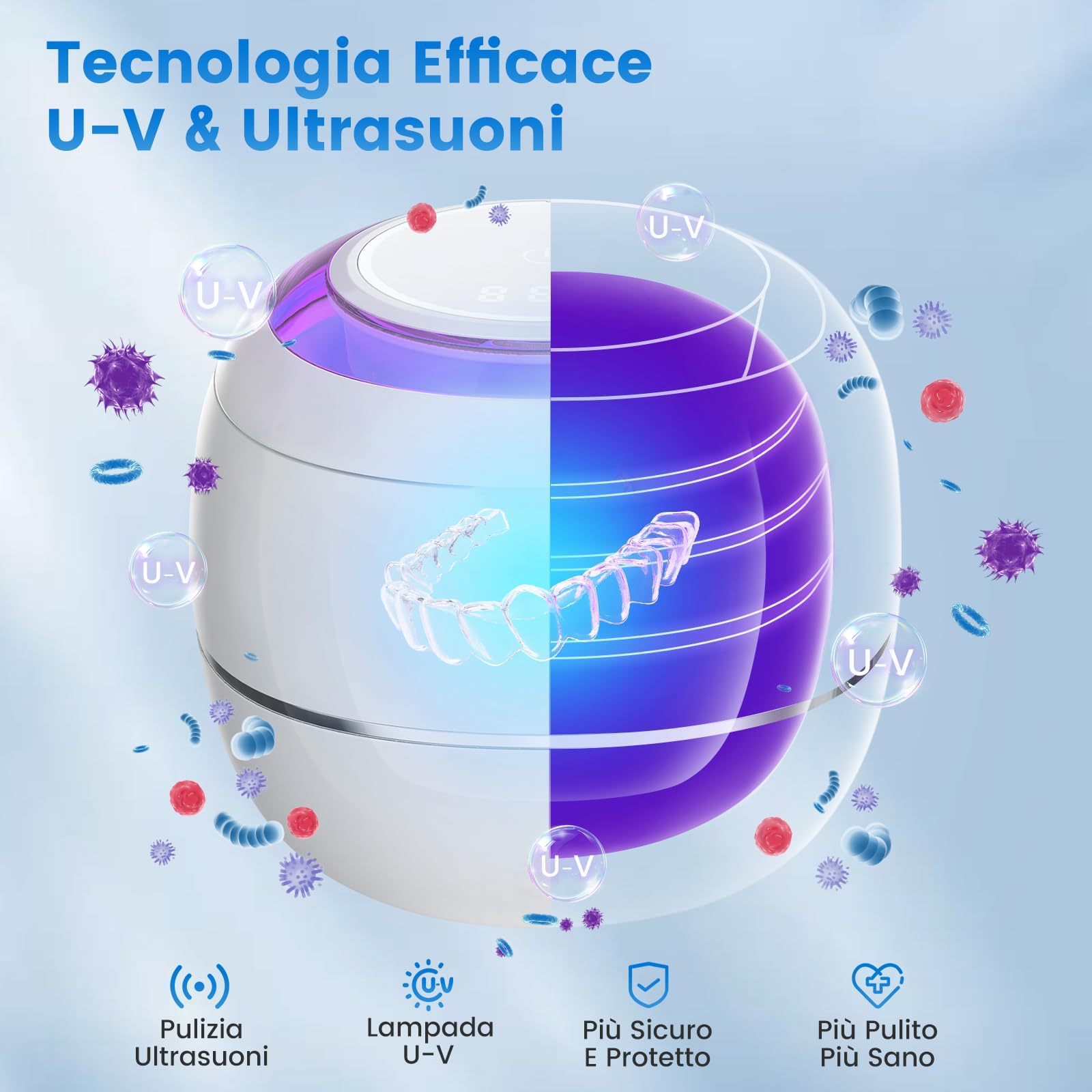 SEANCHEER Pulitore Ultrasuoni 48000Hz Ultrasonic Cleaner | 180ML | Lampada UV Dental Pod per | Bite Bruxismo Notturno | Protesi Dentali | Apparecchio Denti | Retainer | Allineatori | (Bianco)