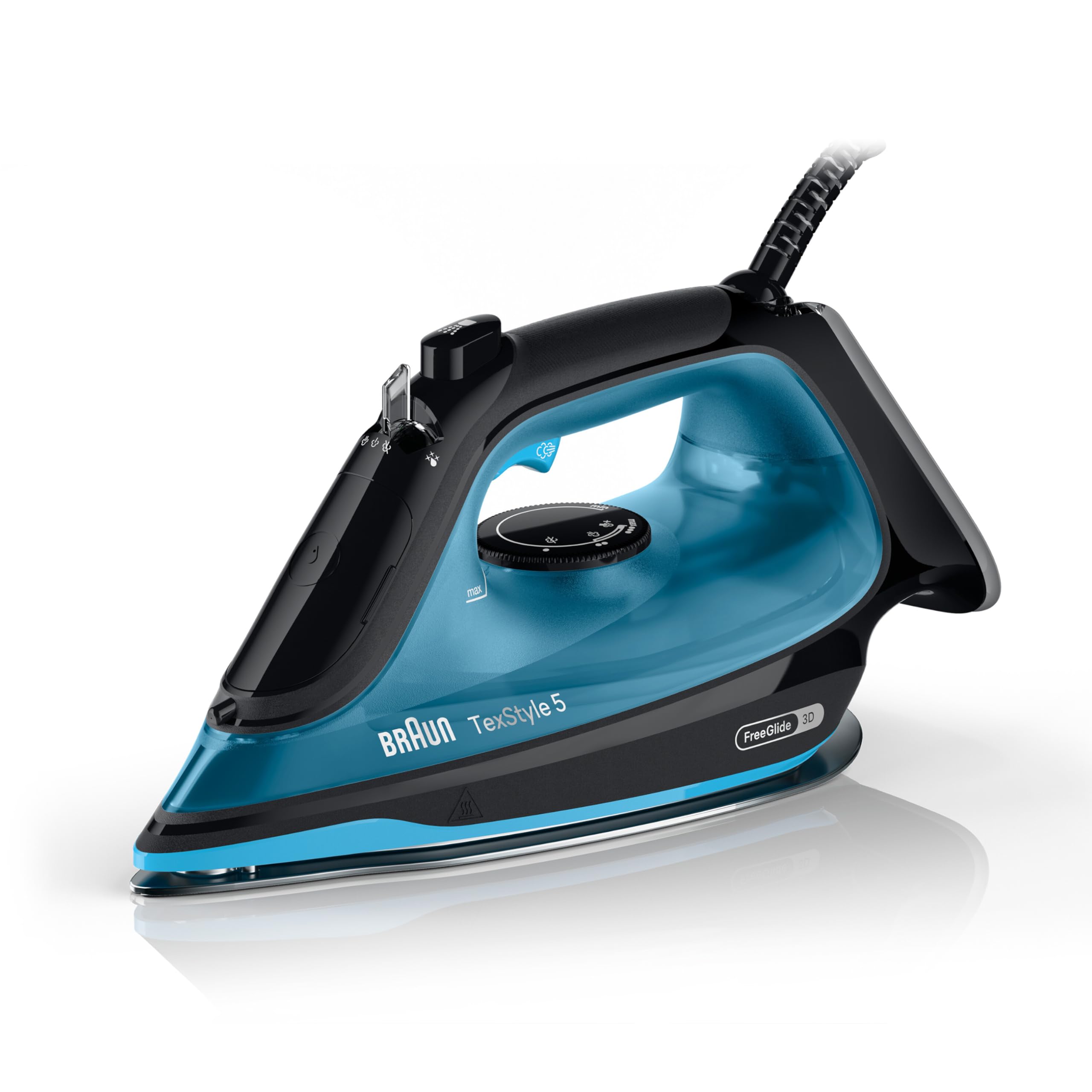 Braun TexStyle 5 SI5256BL, Plancha de Ropa con Placa FreeGlide 3D SuperCeramic, Punta de Precisión, Mango Abierto Ergonómico, Recarga 300ml, Eficiencia Energética, Sistema Antigoteo, 2600W, Azul