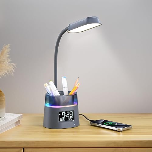 Miniatura 1 de Lámpara de escritorio LED para oficina en casa, lámpara de mesa táctil con puerto de carga USB, 3 modos de color luz de lectura regulable continua,