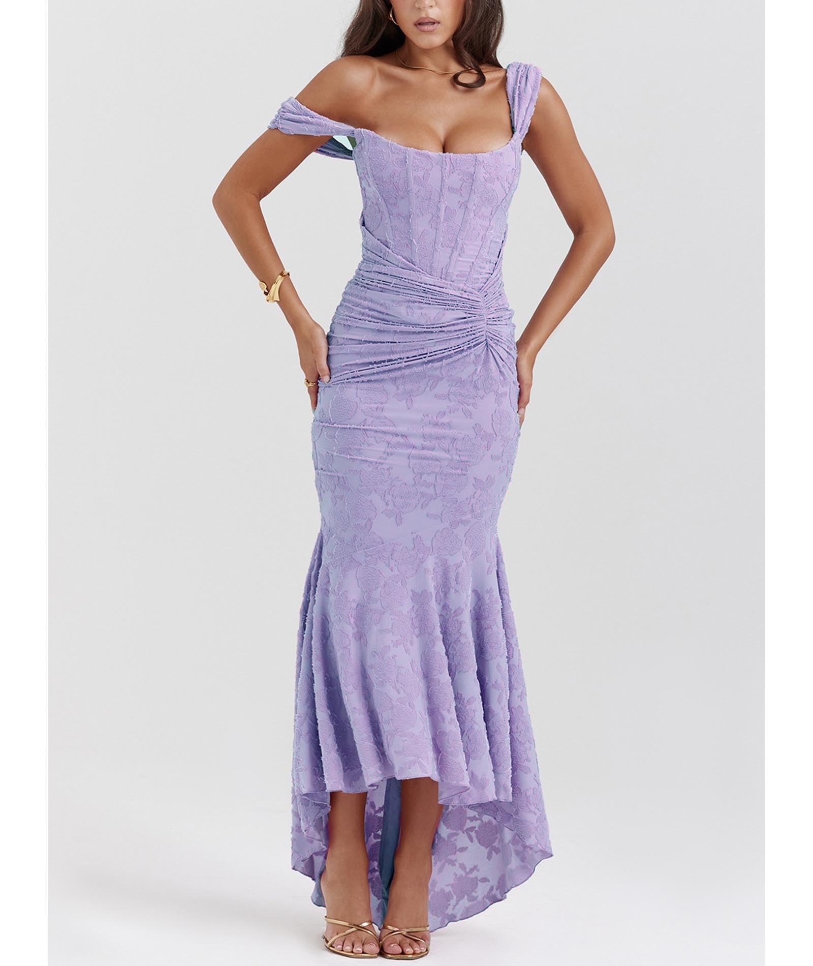 xxxiticat Robe élégante pour femme - Robe moulante en dentelle à queue de poisson - Robe à chevrons - Bandoulière - Robe maxi froncée