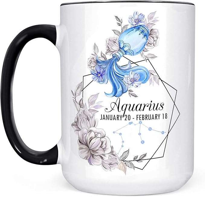 Aquarius Zodiac Sign Mug | Beautiful Watercolor Water Bearer Custom Horoscope Ceramic Cup | Microwave Dishwasher Safe