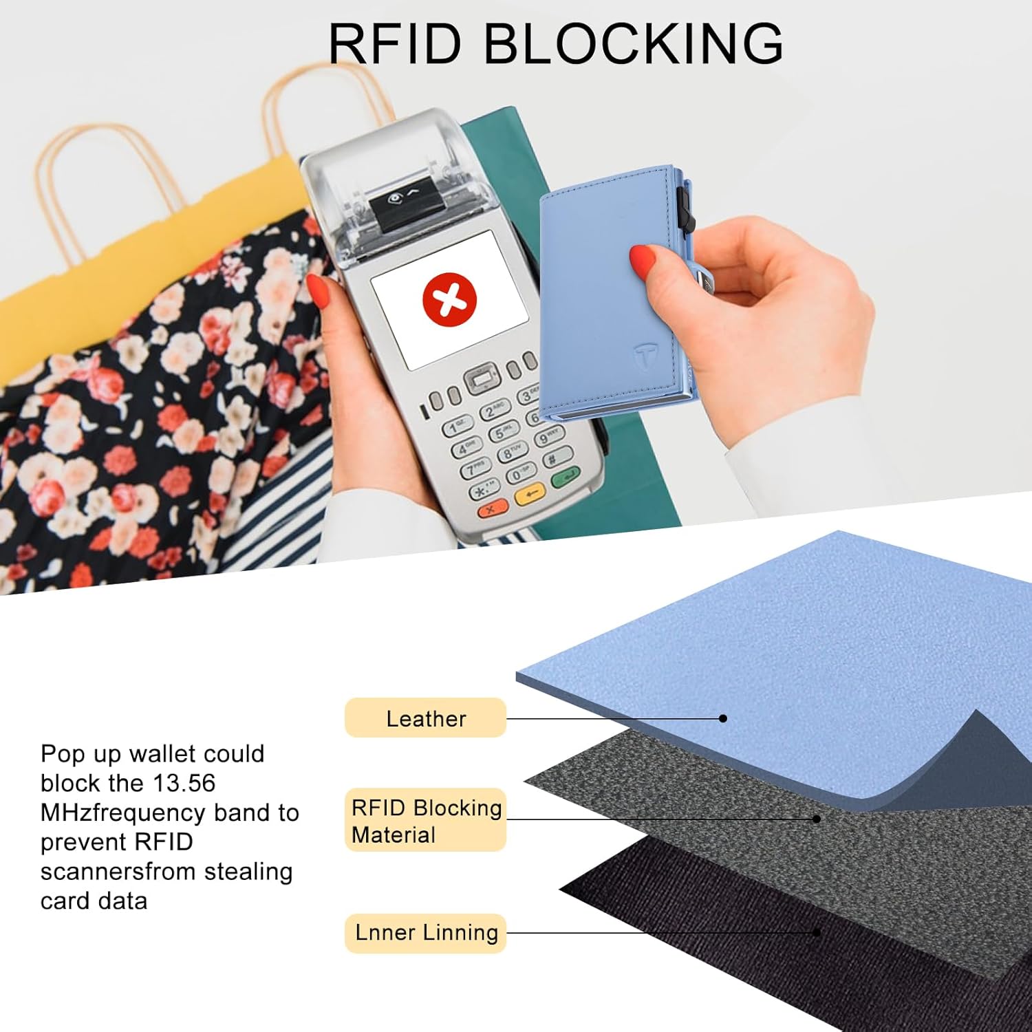 Women Wallet with Card Holder, Small Pretty Wallet with Mirror for Women,Pop Up Card Holder Wallet, Tri-fold Genuine Leather Wallet Women with Mirror, Compact Wallet for Traveling (Blue) - Image 4