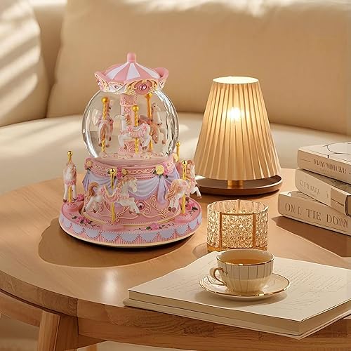Miniatura 5 de Carrusel - Globo de nieve para regalo, caja de música con luz de 8 caballos, cuerda musical, Navidad, San Valentín, cumpleaños, aniversario, regalo