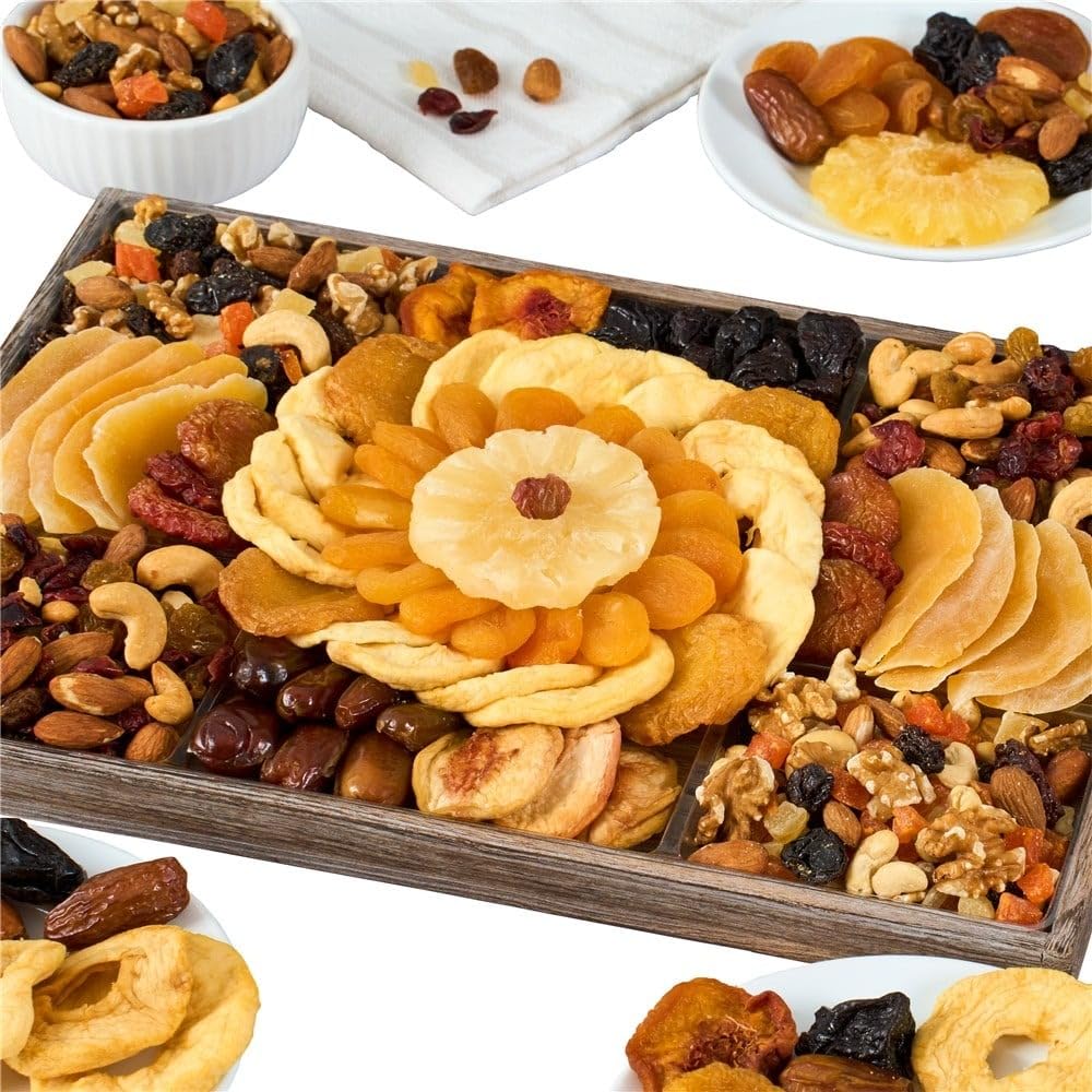 Dried Fruit & Nuts Platter Gift on Wooden Tray for Prime Delivery - Gourmet Food Gifts Basket by GourmetGiftBaskets.com