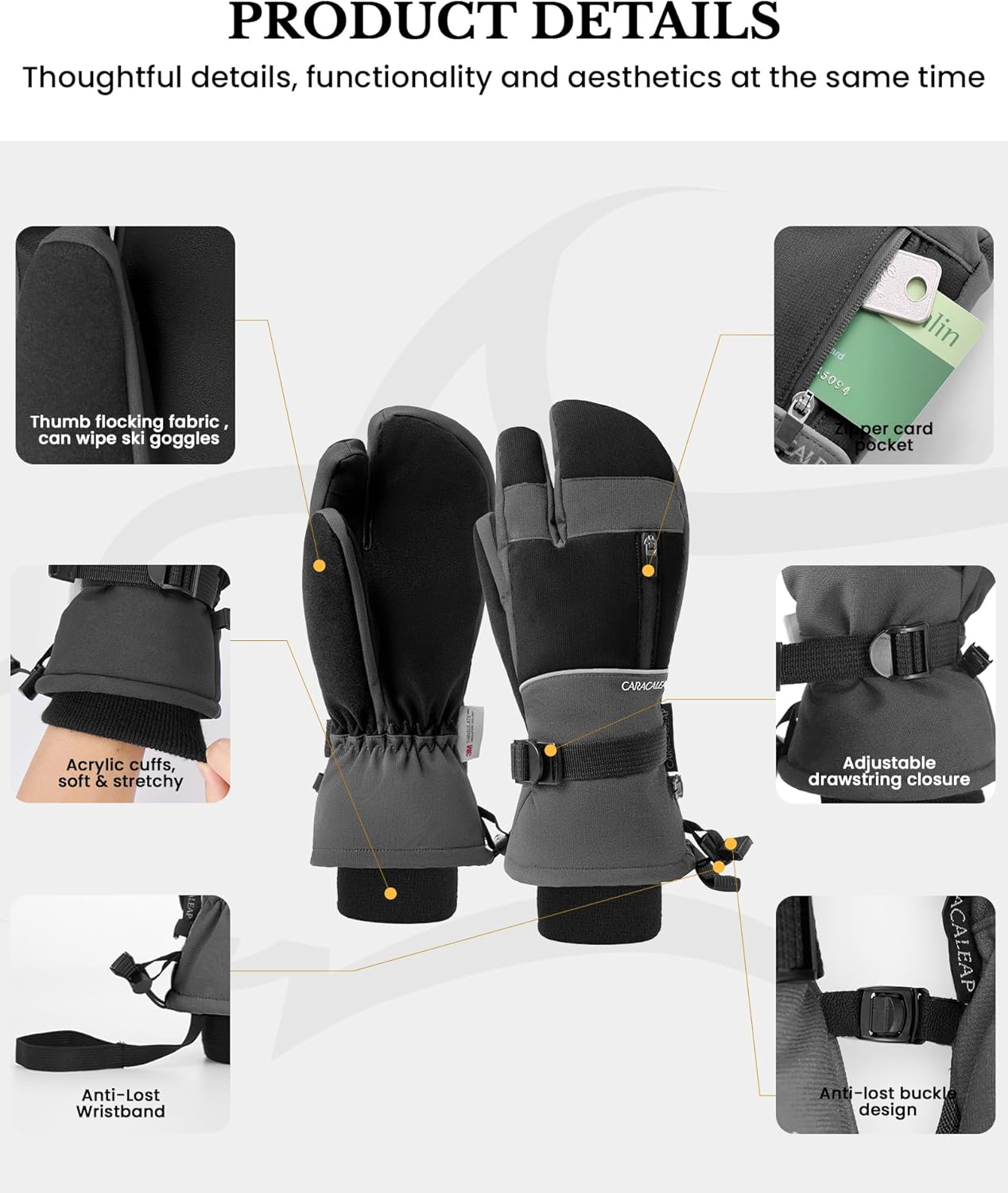 3-Fingers Ski Mittens for Men & Women Winter Snow Mitts Waterproof Gloves Warm 3M Thinsulate - Image 4