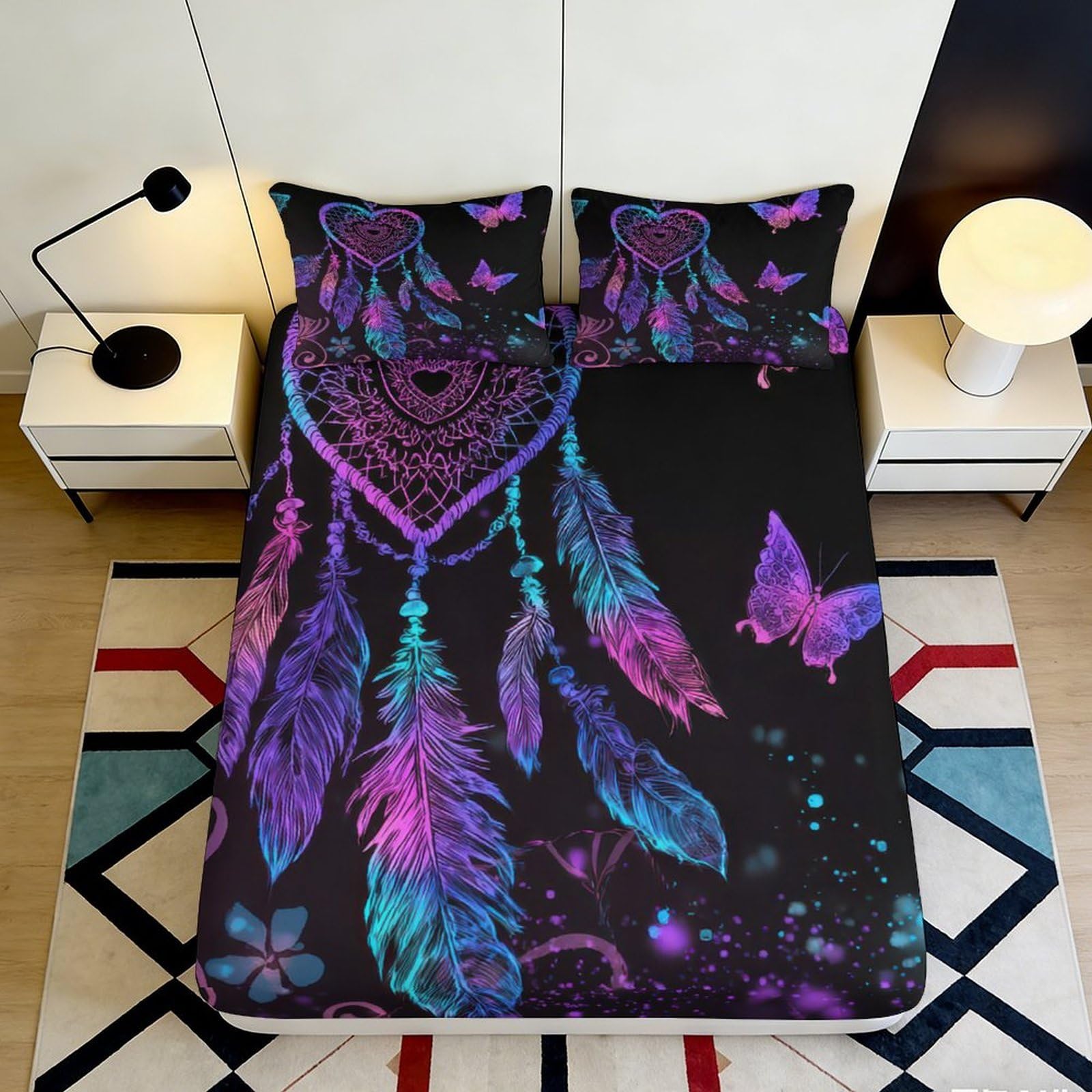 3D Printed Dreamcatcher Fitted Sheet Microfiber Soft Breathable Neon Feather Bed Cover for Bedroom Dormitory Guest Room Mattress Protection 120x200x25cm