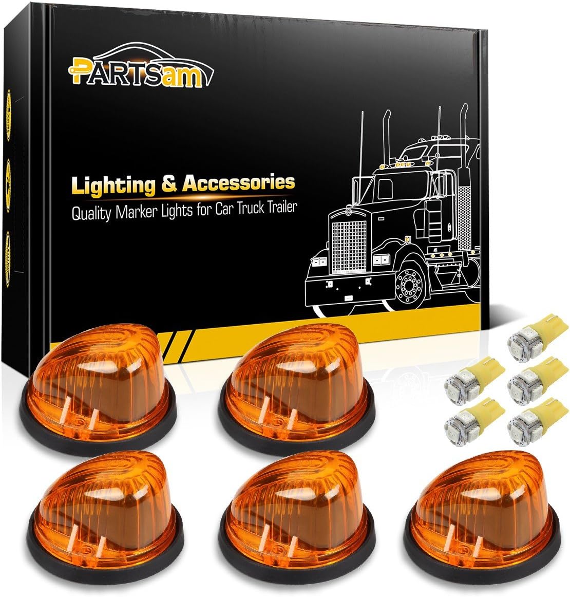 5*Amber Lens + 5*Amber T10 LED Bulbs Cab Marker Roof Running Lights