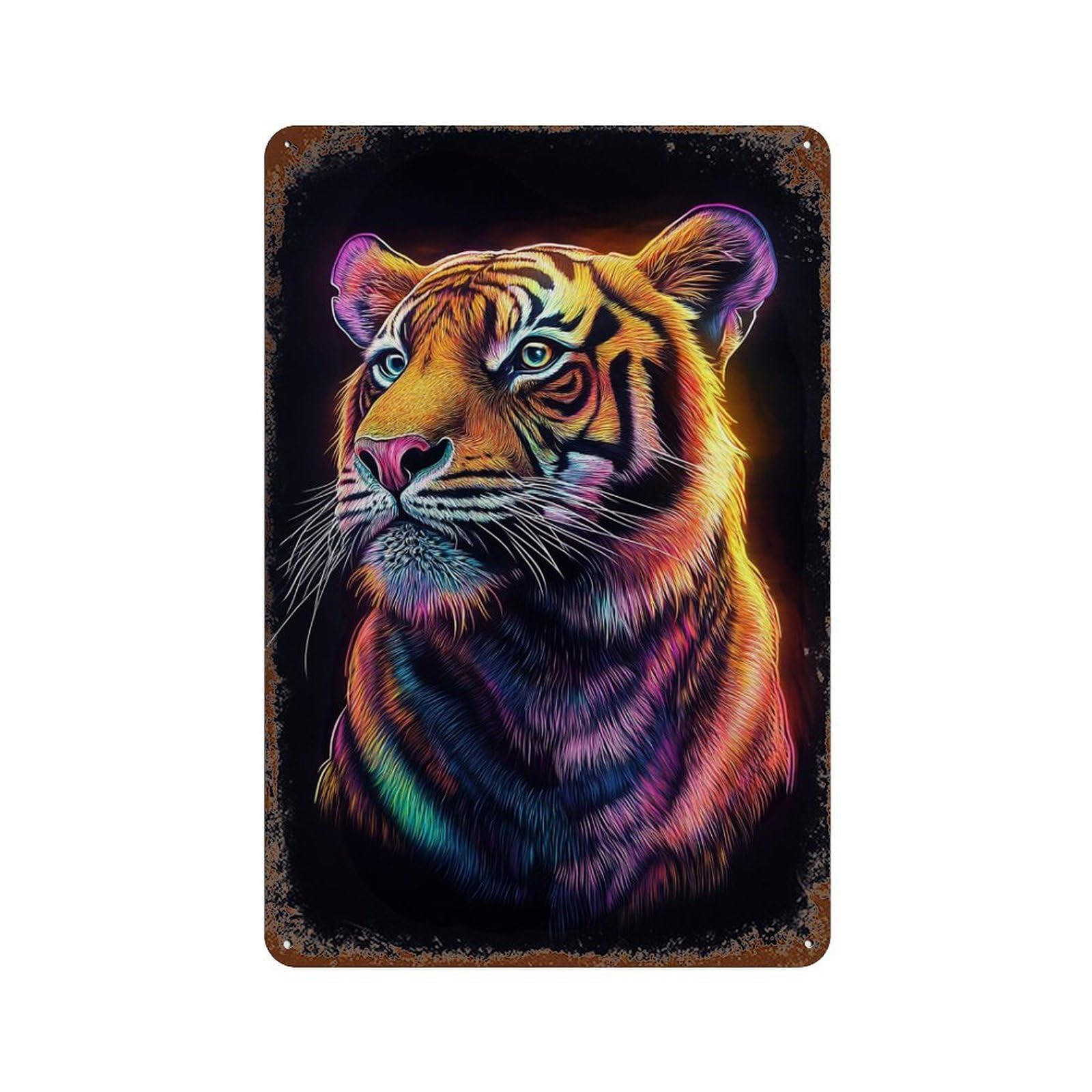 Aged Metal Wall Plaque with Colorful Tiger Portrait Art Print Design 11.8"x7.9", for Shed, Workshop And Garage Wall Decor, Decorative Metal Wall Art