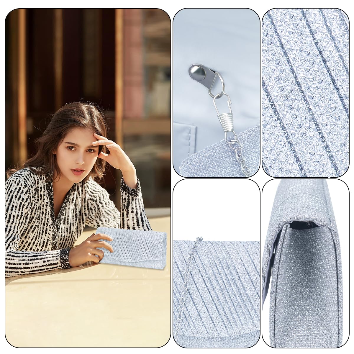 Bolsa Clutch Festa Feminina Prata Poliéster Listrado Mão Ombro Transversal Com Correntes Removíveis em promoção! Veja a oferta e mais achadinhos de Bolsas 4 Hoje é o melhor dia para comprar Bolsa Clutch Festa Feminina Prata Poliéster Listrado Mão Ombro Transversal Com Correntes Removíveis com aquele preço maroto! Promoção! Aproveite a oferta! 4