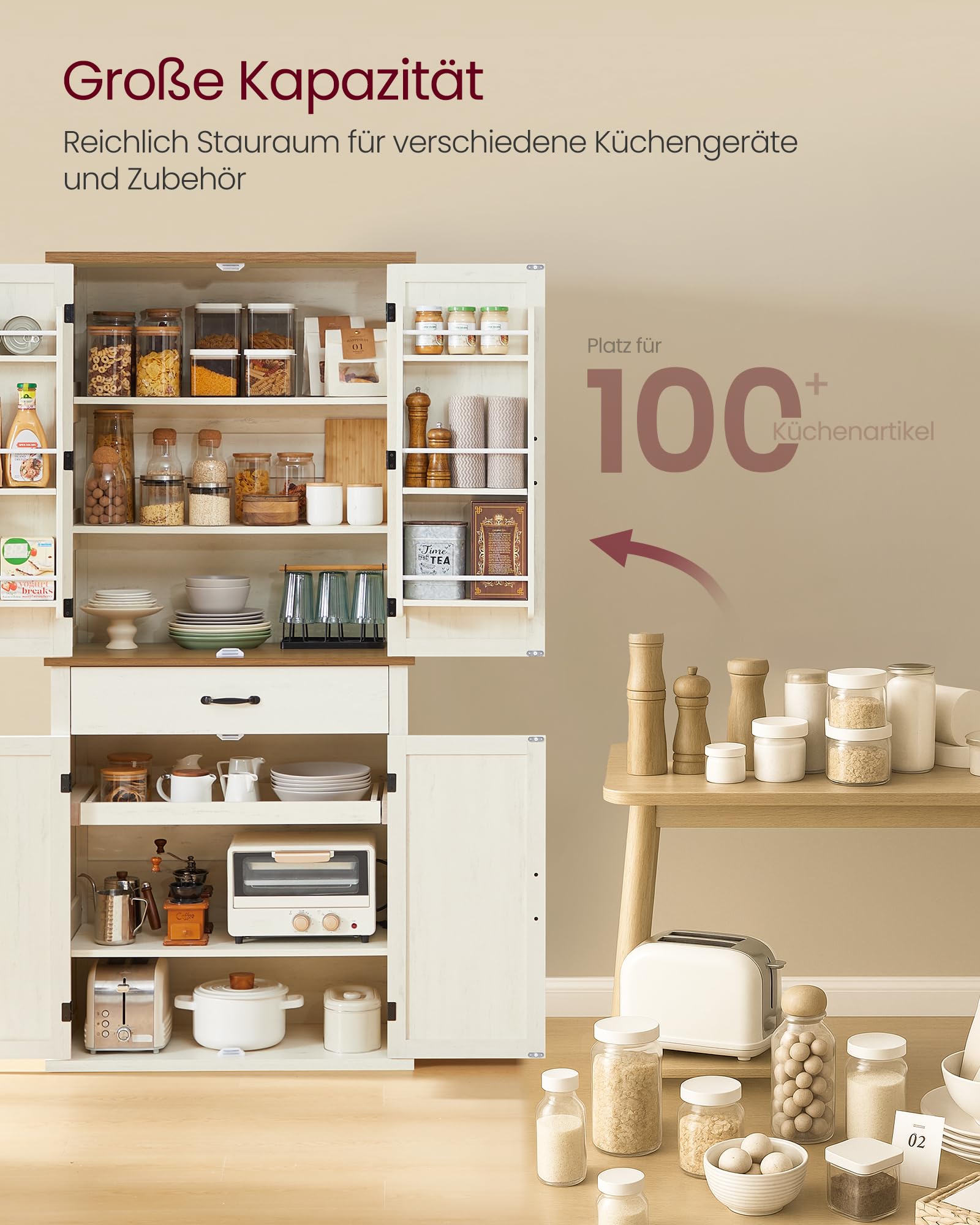 VASAGLE Küchenschrank, 178,6 cm hoher Mehrzweckschrank, Landhausstil, mit Schiebetüren, Schublade, Ablage und verstellbaren Einlegeböden, für Küche Esszimmer, vintageweiß BBK364W02