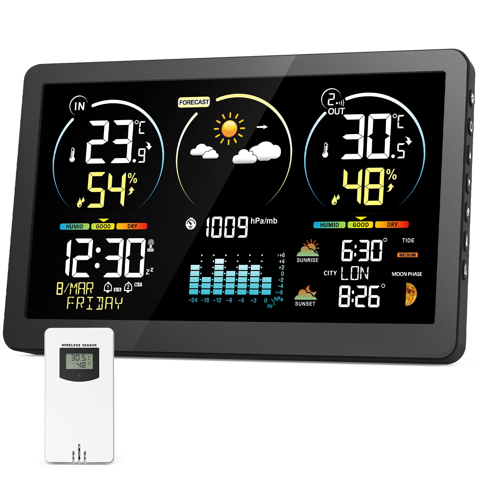 Estación meteorológica inalámbrica con sensor, termómetro higrómetro digital interior exterior, pantalla LCD a color, calendario de radio despertador DCF Snooze barómetro previsión meteorológica reloj