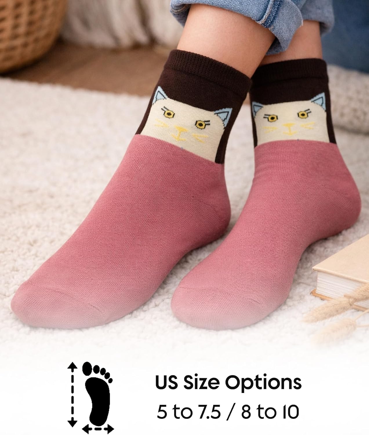 bony&katia Cute Cat Crew Socks for Women 5 Pairs Set - Soft Breathable Cotton - Gift Idea for Mothers Day
