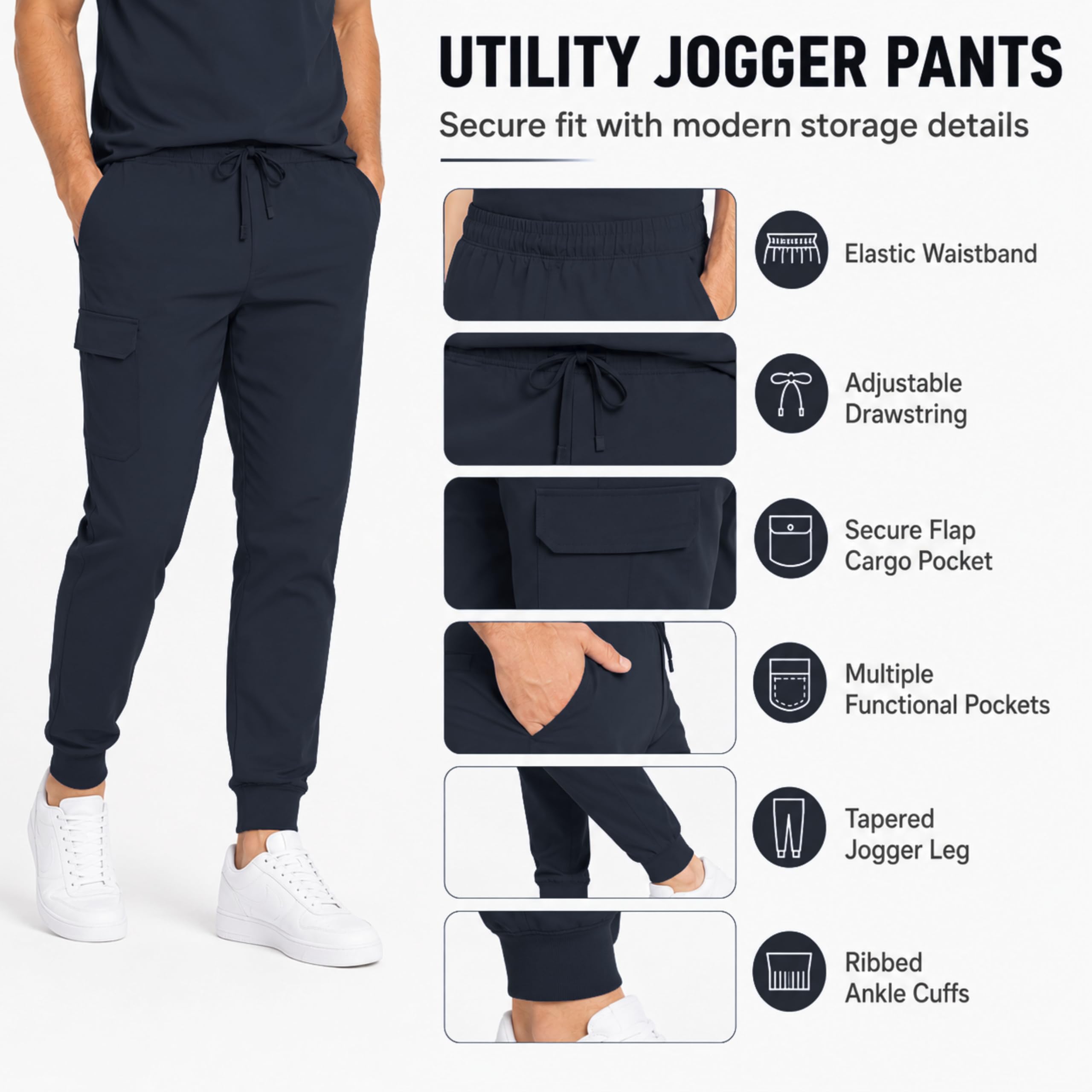 M&M SCRUBS Herren Jogger-Schrubb-Set - Luxe Stretch Medizinische Uniform, V-Ausschnitt OP-Oberteil & Jogginghose (True Navy Blue, Large)