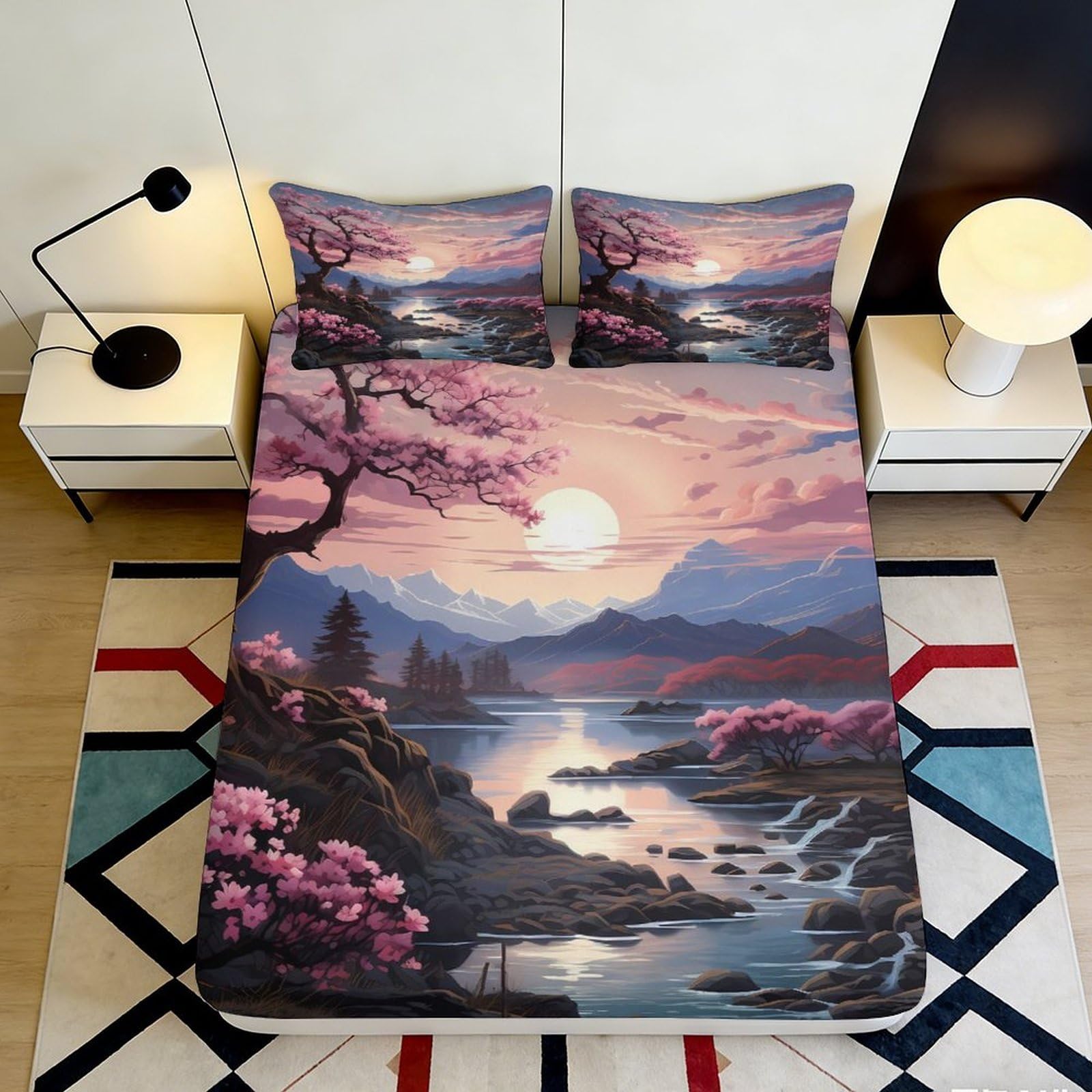 3D Printed Pink Sunset Landscape Fitted Sheet Microfiber Soft Breathable Mountain River Bed Cover for Bedroom Dormitory Guest Room Protection Decor 180x200x25cm