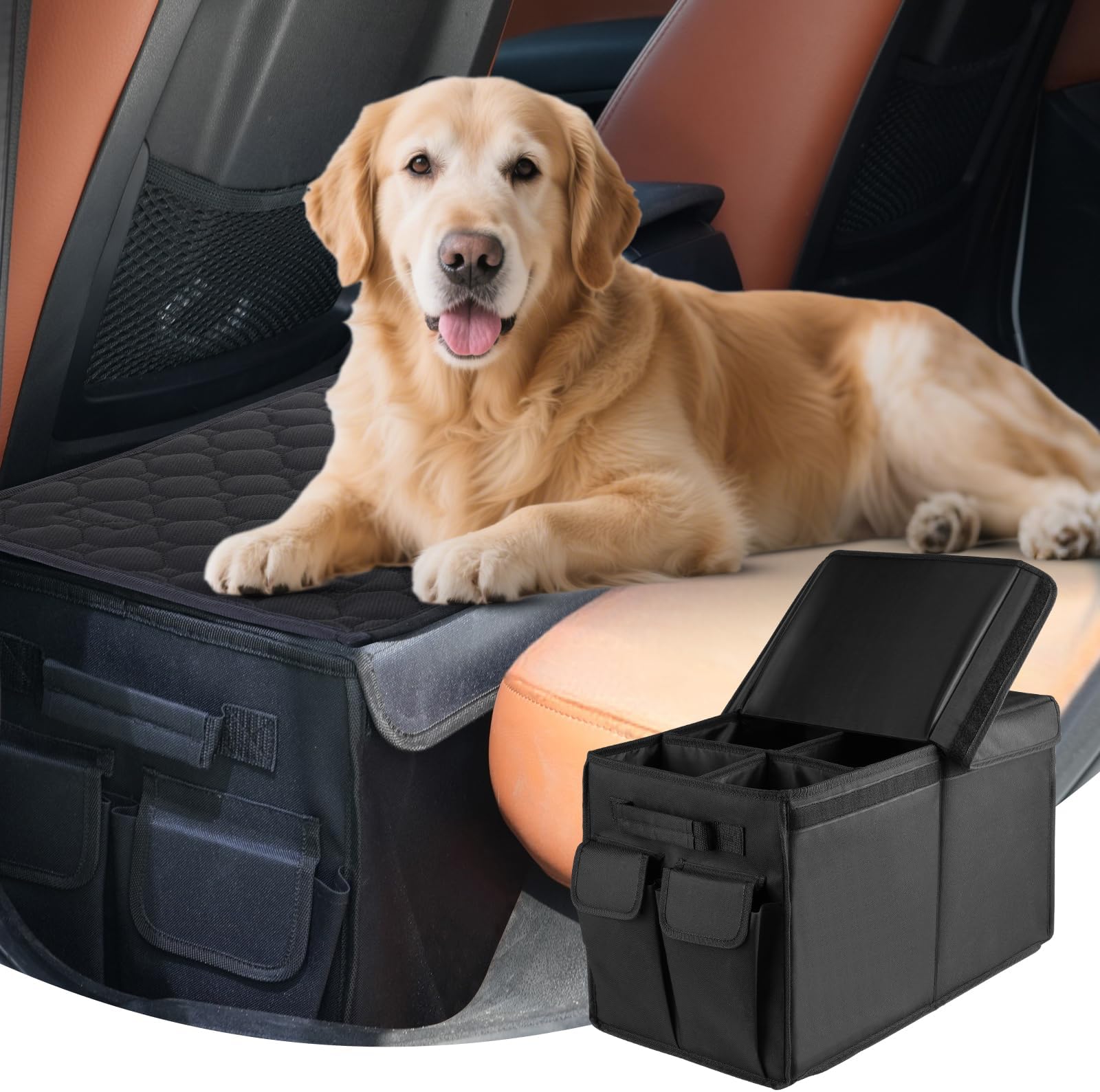 Back Front Seat Extender for Large Dogs Up to 200 Lbs, Adjustable Dog Back Seat Extender with Cushion & Storage Box, Car Organizer Gap Filler for Front or Back Seat