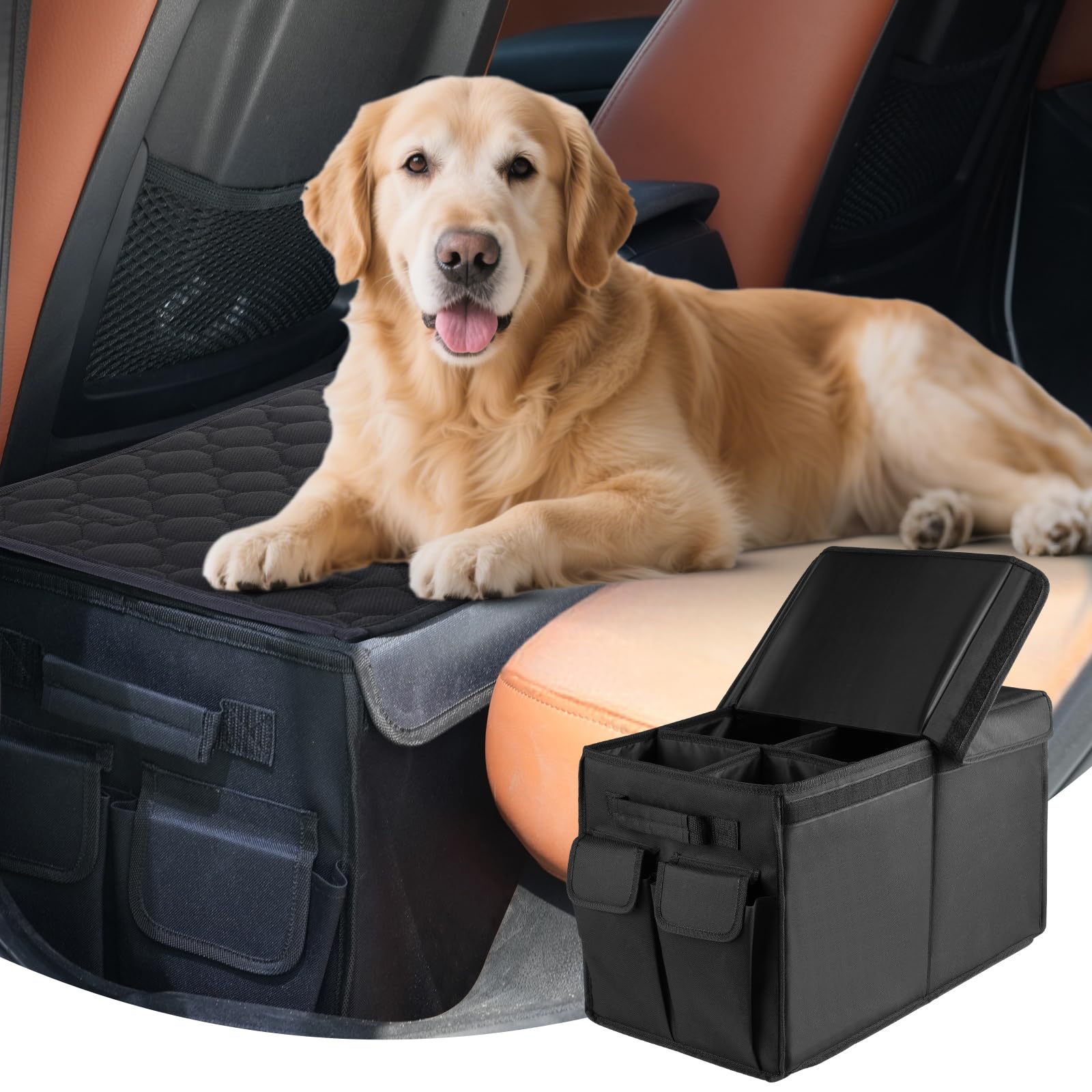 Back Front Seat Extender for Large Dogs Up to 200 Lbs, Adjustable Dog Back Seat Extender with Cushion & Storage Box, Car Organizer Gap Filler for Front or Back Seat