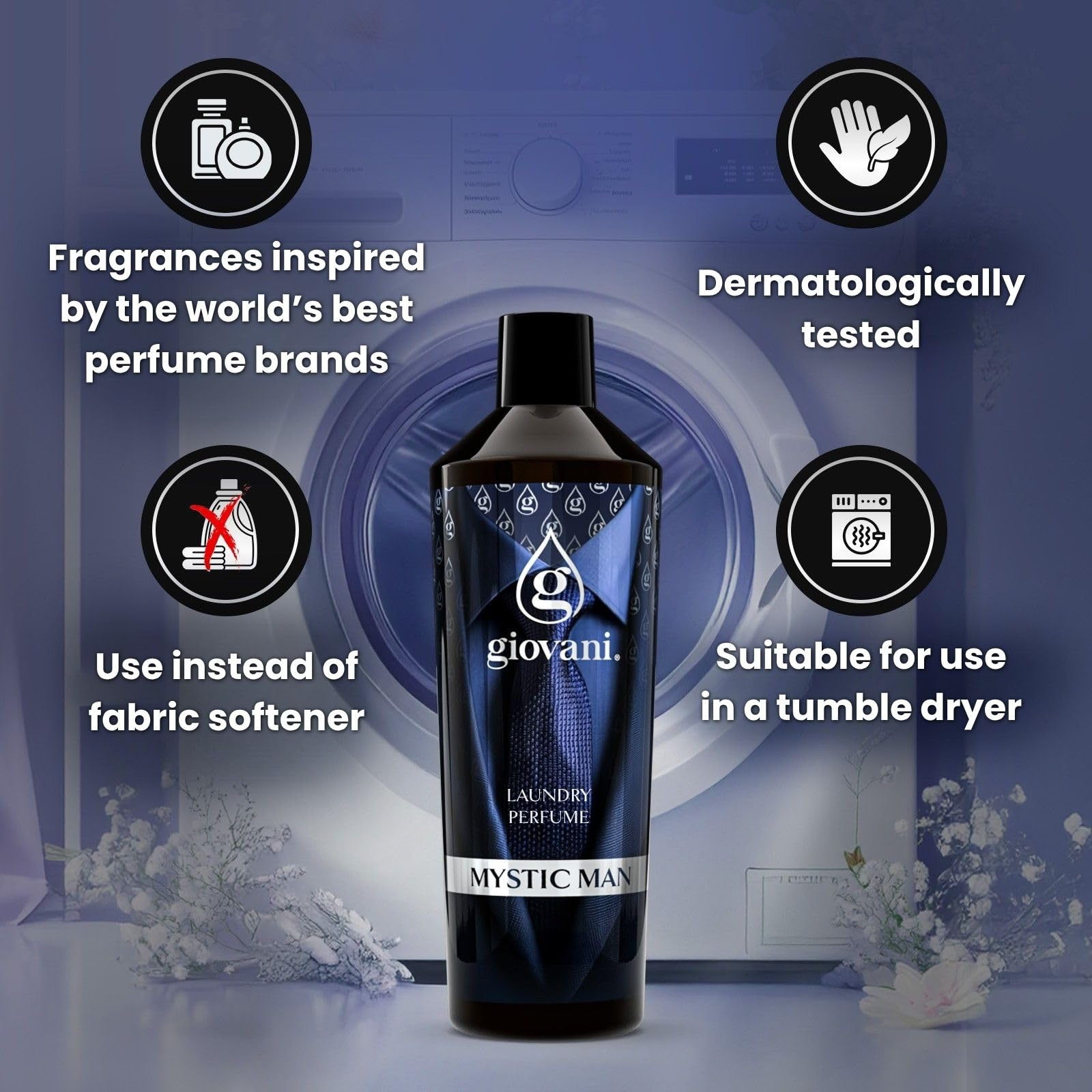 Giovani Profumatore per Bucato MYSTIC MAN 500 ml | Fragranza Fresca e Speziata Maschile con Note di Pompelmo, Salvia, Vetiver e Patchouli | Profumatore per Bucato Concentrato Fino a 100 Lavaggi