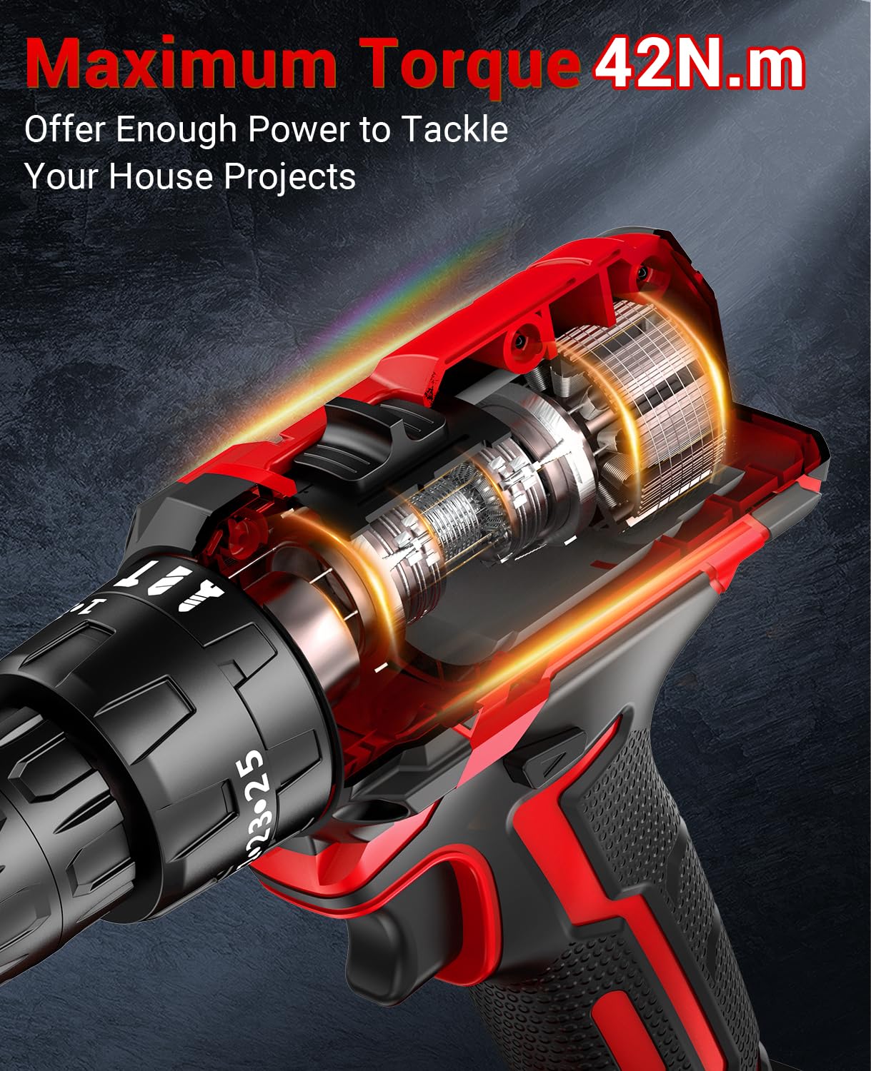 Taladro Percutor a Bateria 21V, Taladro Atornillador Bateria con 2 * 2.0Ah Baterías, Atornillador Electrico 42Nm, 25 * 3 Ajuste de Par, 14 Accesorios, 2 Velocidad, LED Luz Para Hogar, Bricolaje
