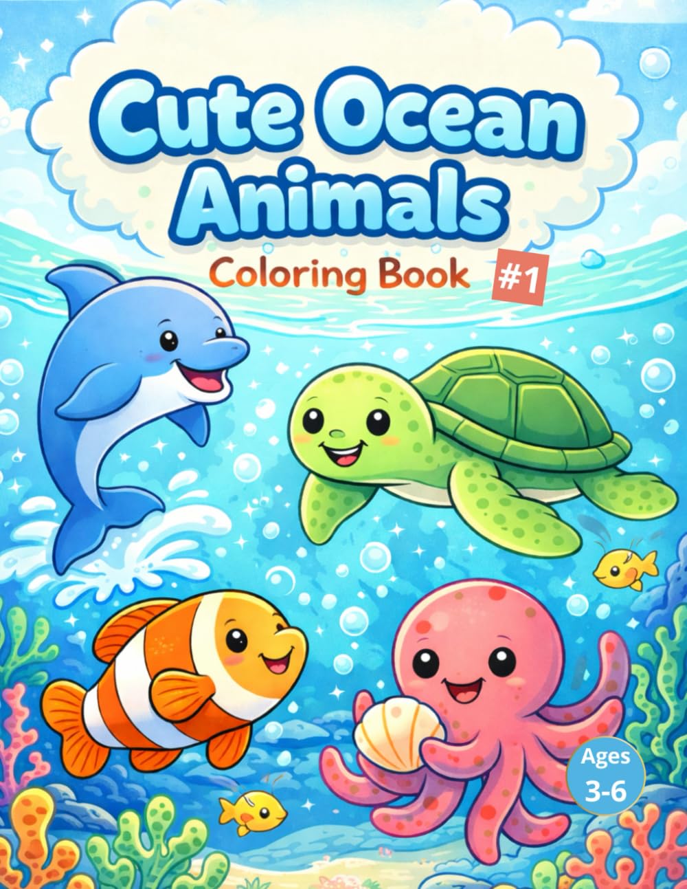 Cute Ocean Animals Coloring Book: 40 Fun and Easy Ocean Coloring Pages for Kids Ages 3–6 (Cute Animals Coloring Books for Kids)
