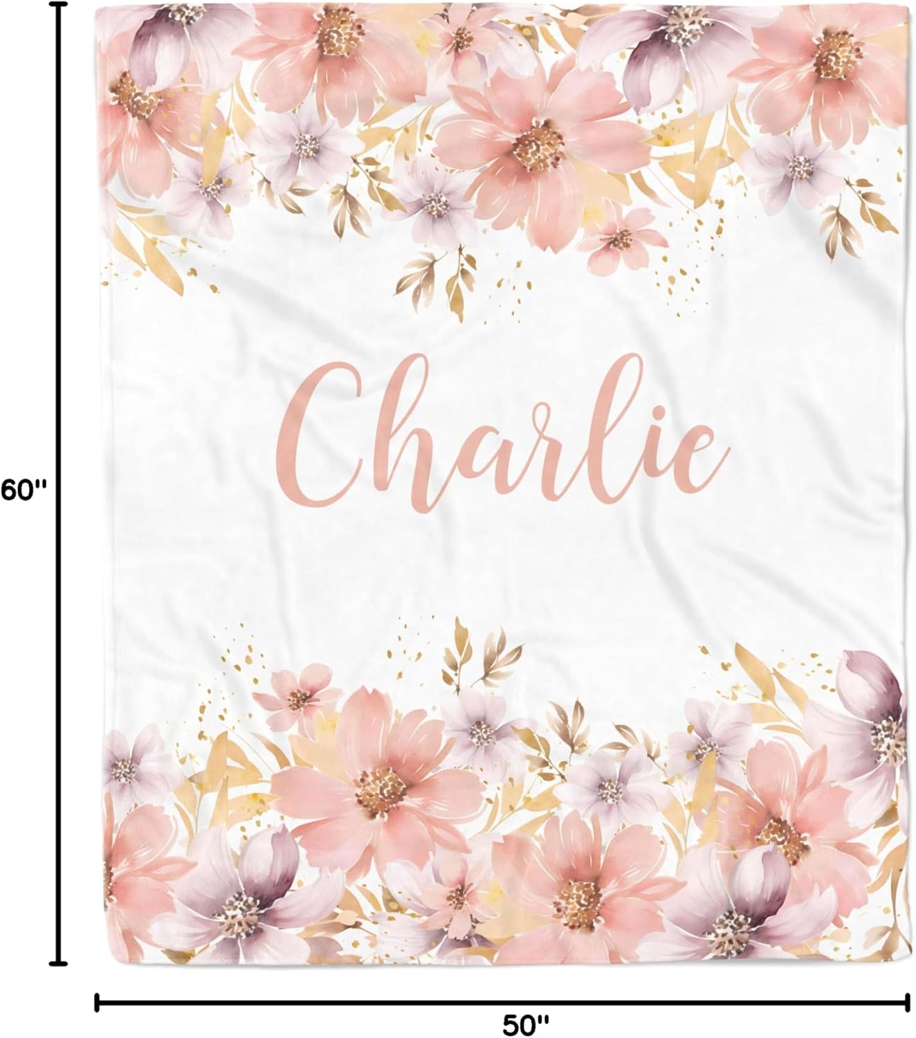 Floral Personalized Baby Girl Blanket (Peachy Pink Gold, 50 x 60 Toddler/Kids), BB-01