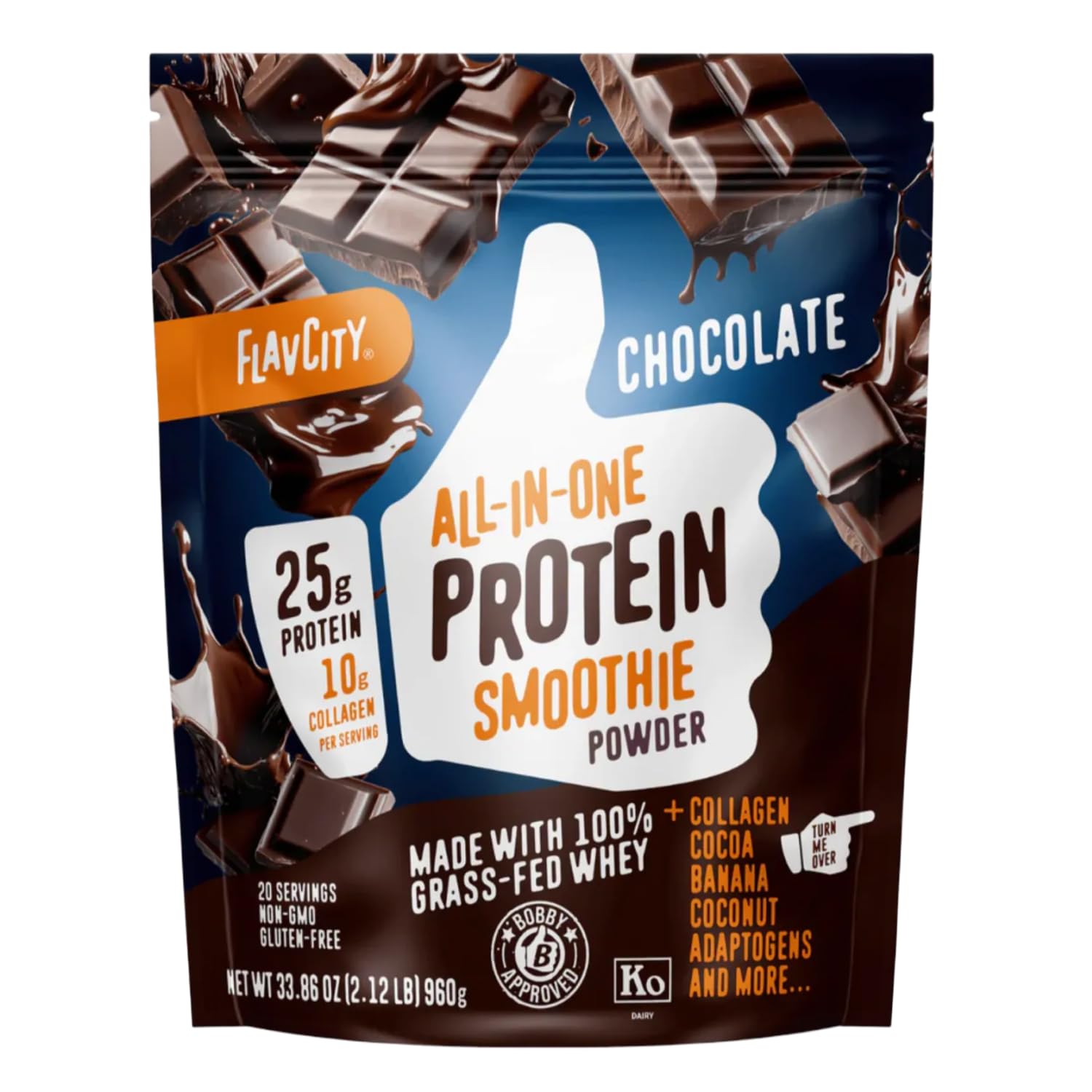 FlavCity Grass Fed Whey Chocolate Protein Powder - 25g Protein & 10g Collagen - Made with Organic Cocoa, Bananas & Coconut Milk - Gluten Free & No Added Sugars (20 Servings)