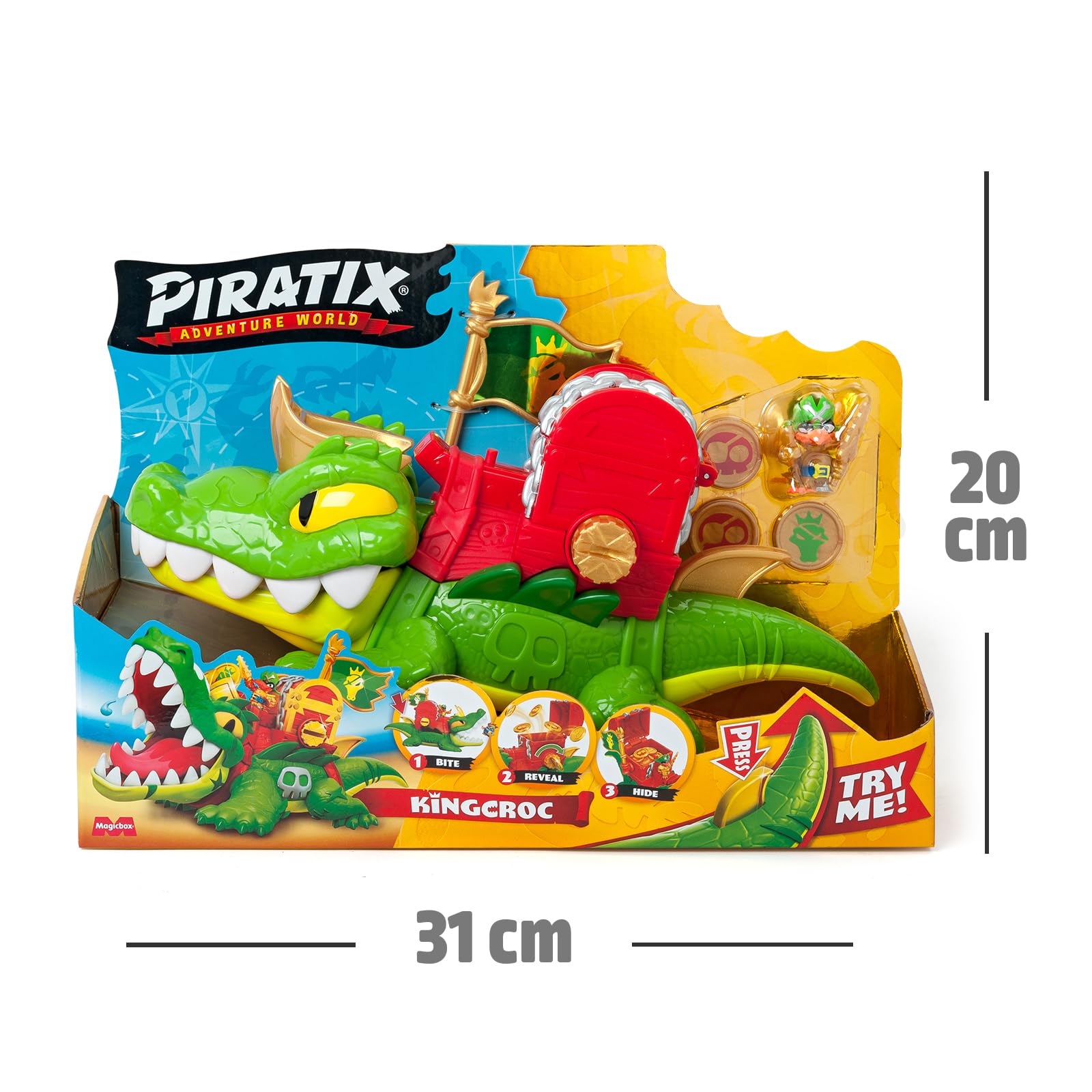 PIRATIX King Croc –Cocodrilo articulado,para capturar Piratix y con un cofre para guardar tesoros. Contiene 1 cocodrilo, 1 tesoro exclusivo, 2 tesoros dorados extras, 1 Piratix exclusivo y 1 accesorio