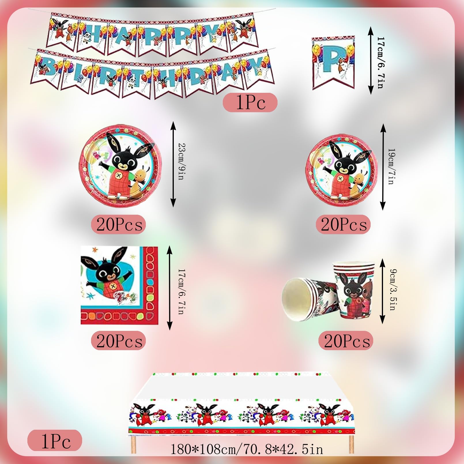 82 Pezzi Bunny Stoviglie per Feste di Compleanno，Addobbi Compleanno Bunny，Tovaglia，Striscione，Piatti Carta，Adatto a 20 persone