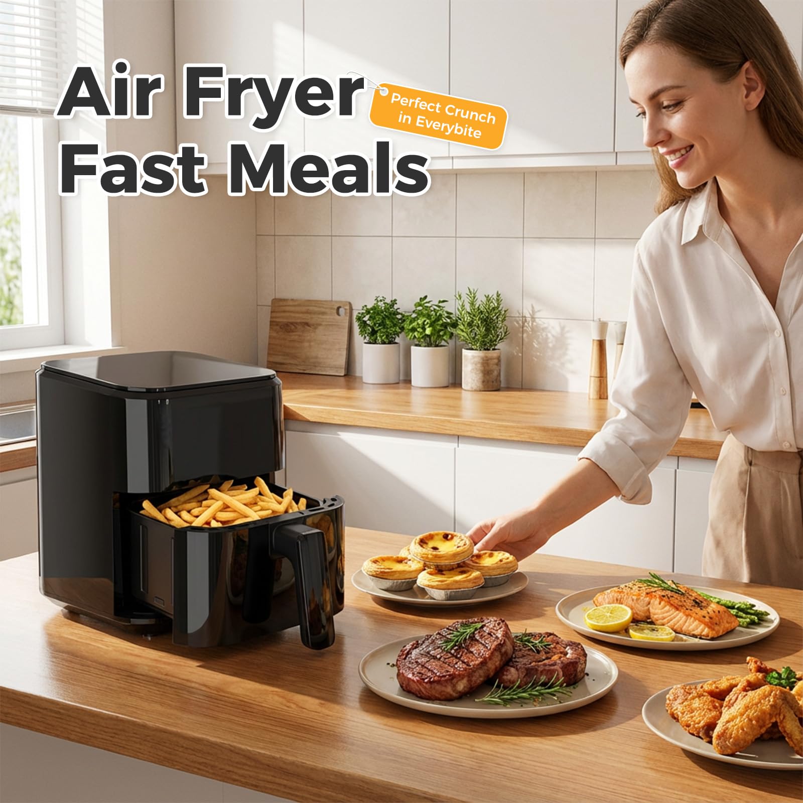 DUMOS 6qt Air Fryer with Window, Square Air Fryer 12-in-1 Air Fry, Roast, Reheat, Dehydrate, Bake, Reheat, Fries, Sea Food, Steam with 400F Kitchen Appliances Grey view 7