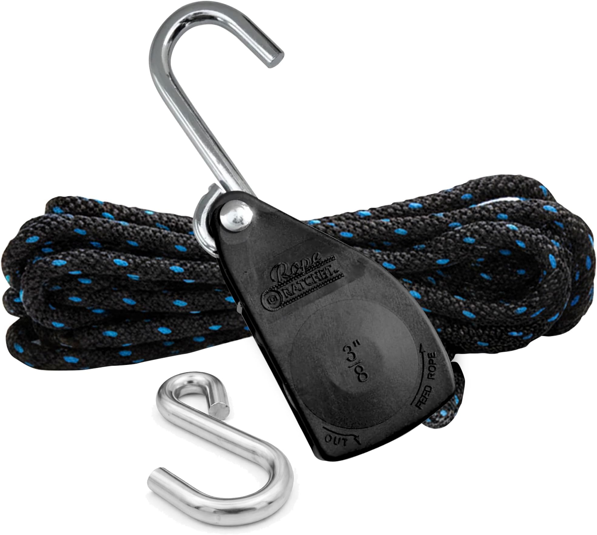 Rope Ratchet 3/8" Tie Down System - Heavy Duty Hoist Pulley with Adjustable Hanger, 15' Braided Polypropylene Rope, Ideal for Kayak, Canoe, Tent, Camping, and Roof Rack Tie Downs, 250 lb Capacity