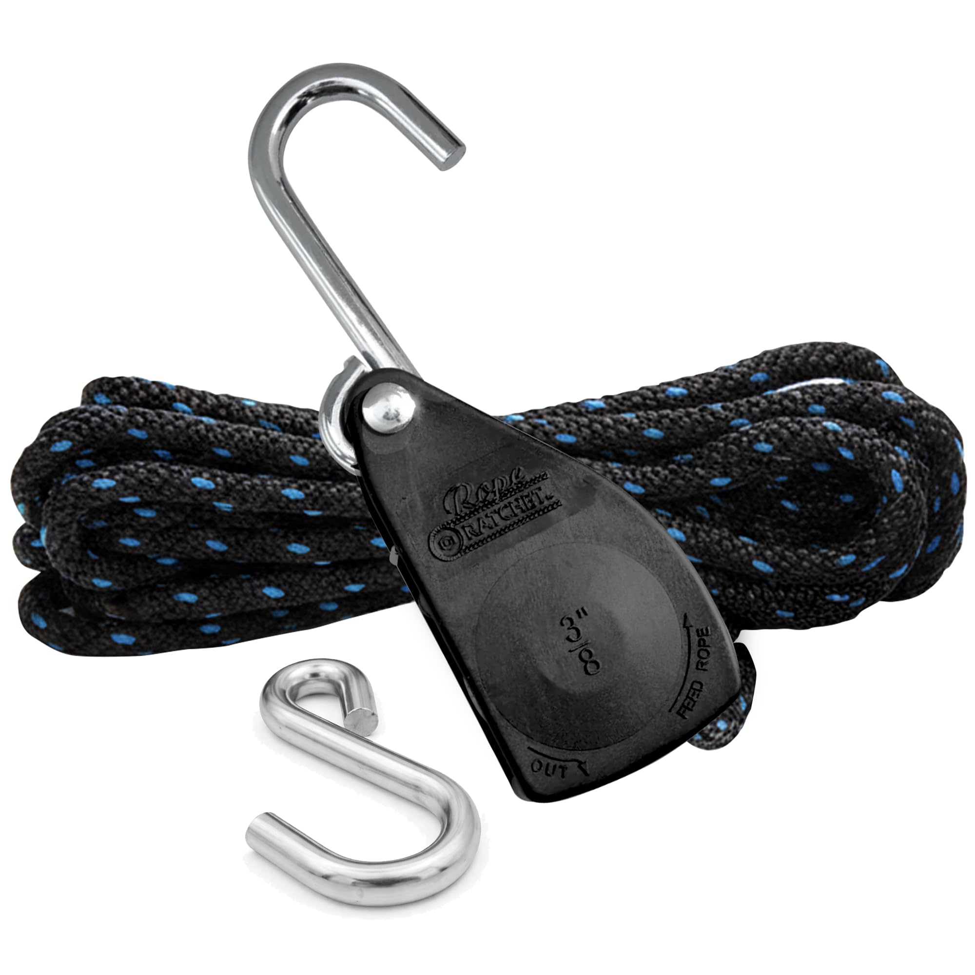 Rope Ratchet 10025 - Polea de Amarre de trinquete de 3/8 Pulgadas, con Cuerda de Polipropileno Trenzado sólido de 15 pies, Capacidad de Peso de 250 Libras