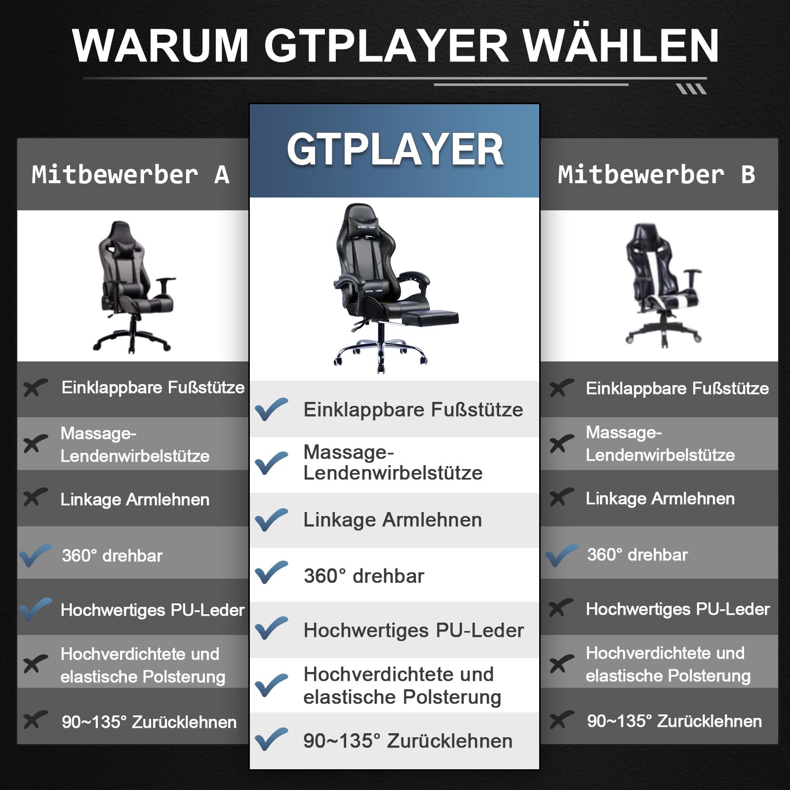 Gamingstoel, bureaustoel, computerstoel, verwijderbare hoofdsteun