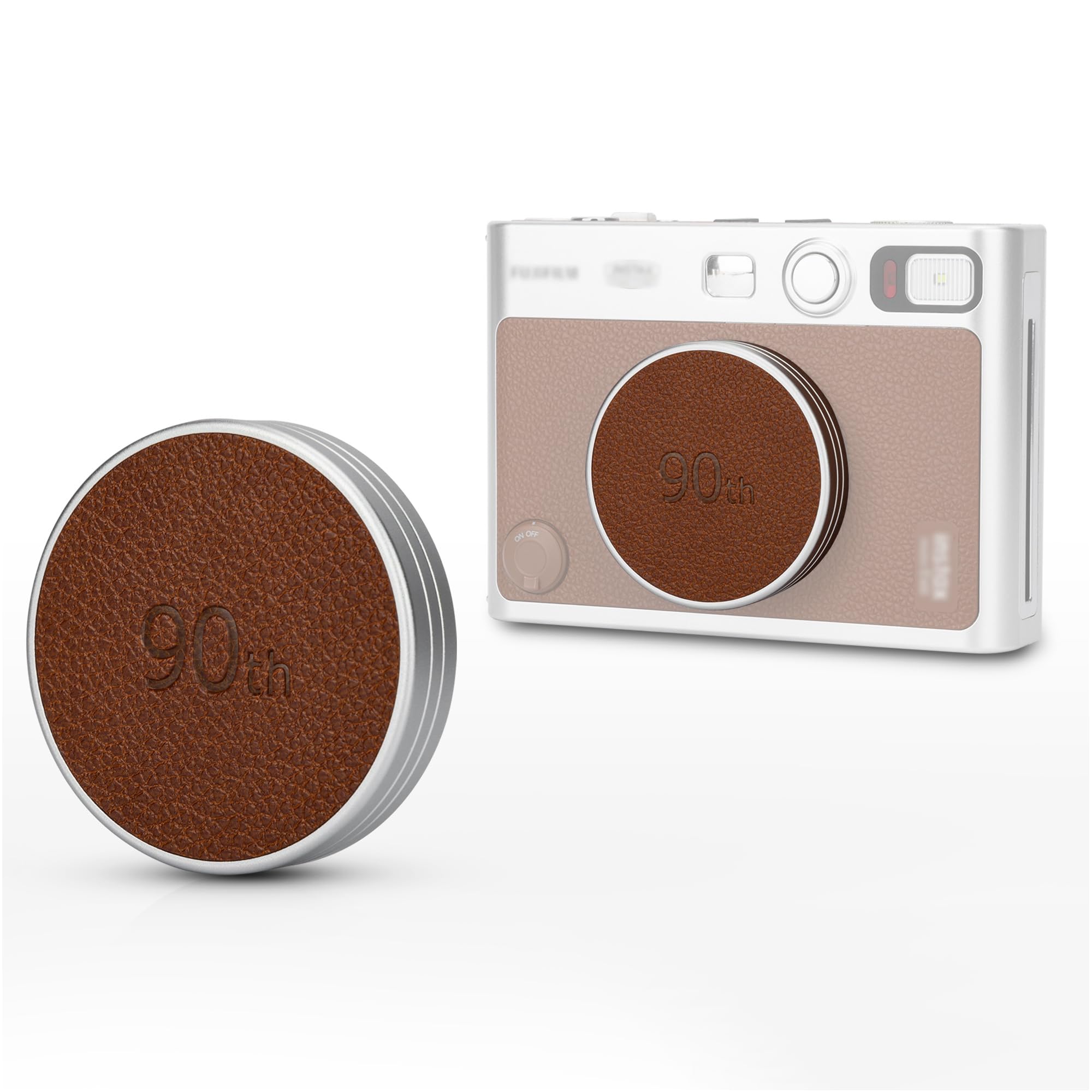 JJC Bouchon D'objectif en Métal pour Appareil Photo Fuji Instax Mini Evo, Accessoires Mini Evo en Aluminium avec Surface en Cuir et Intérieur en EVA Souple, Marron