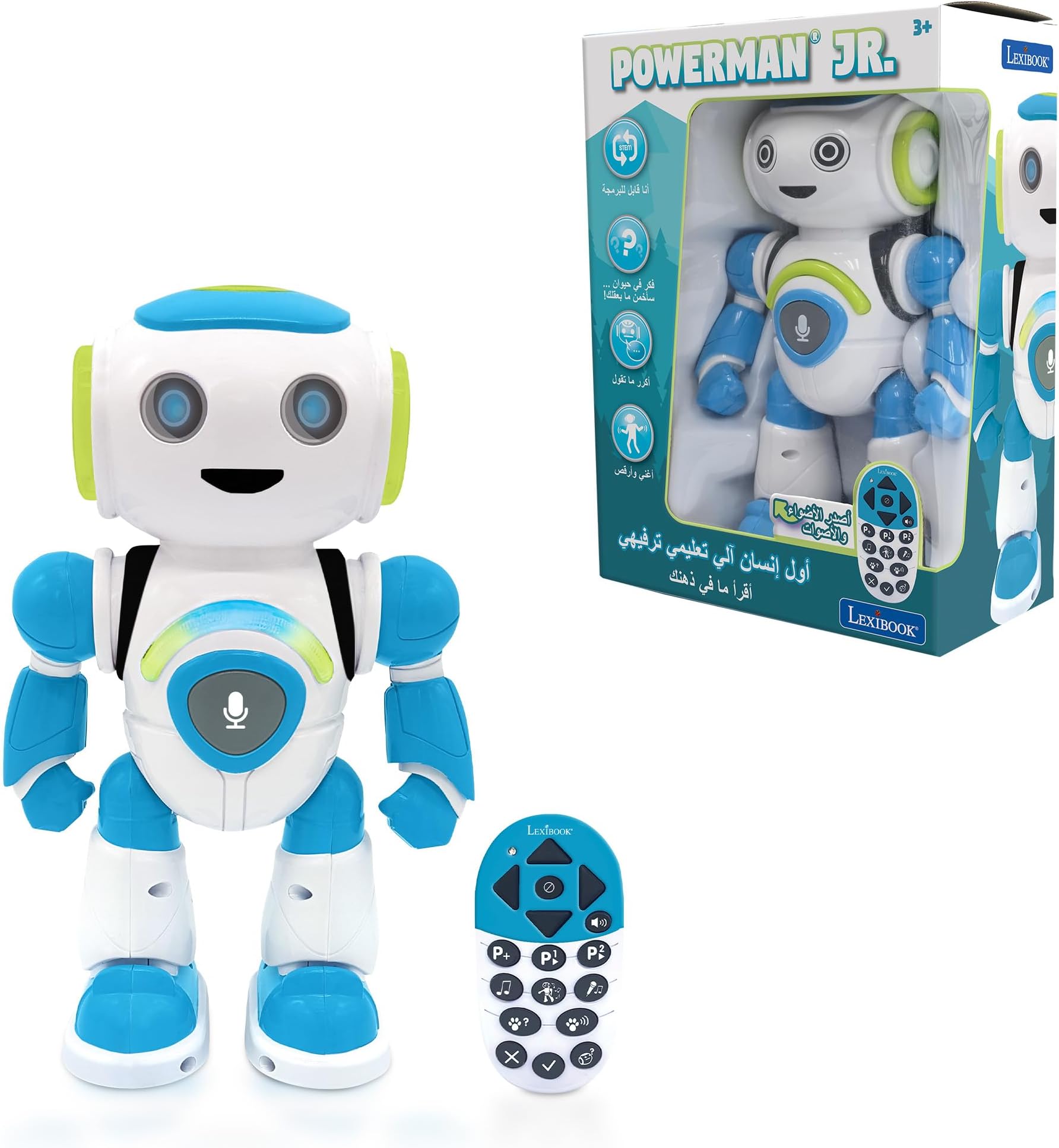 LEXIBOOK ROB20AR Powerman Jr. Smart Interactive Reads (Language Arabic) in The Mind Toy for Kids Dancing Plays Music Animal Quiz STEM Programmable Remote Control Boy Robot Junior Green/Blue