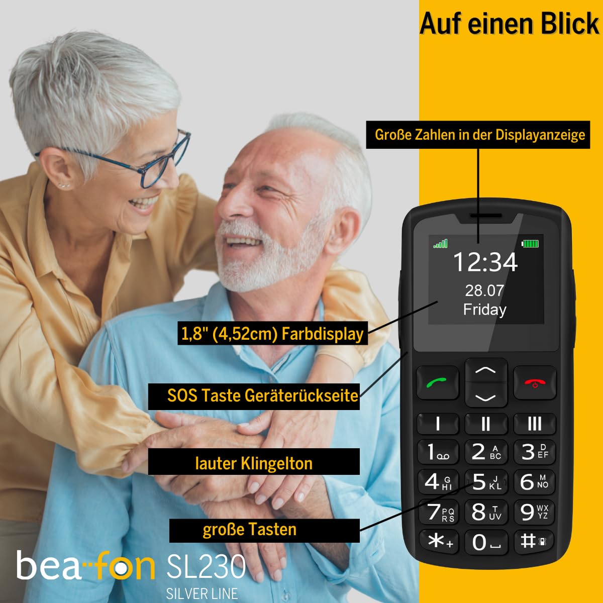 Beafon, SL230, Silver Line, Seniorenhandy mit Notruftaste, Tastenhandy, 1,8" (4,52cm) Farbdisplay, große Zahlen, ohne Netzkabel