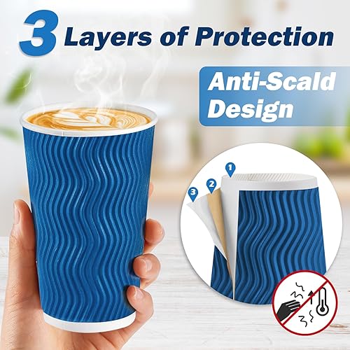 Miniatura 3 de SIUQ Tazas de café de 16 onzas, paquete de 90 tazas de café desechables con tapas y pajitas, taza de café de papel con aislamiento de pared ondulada