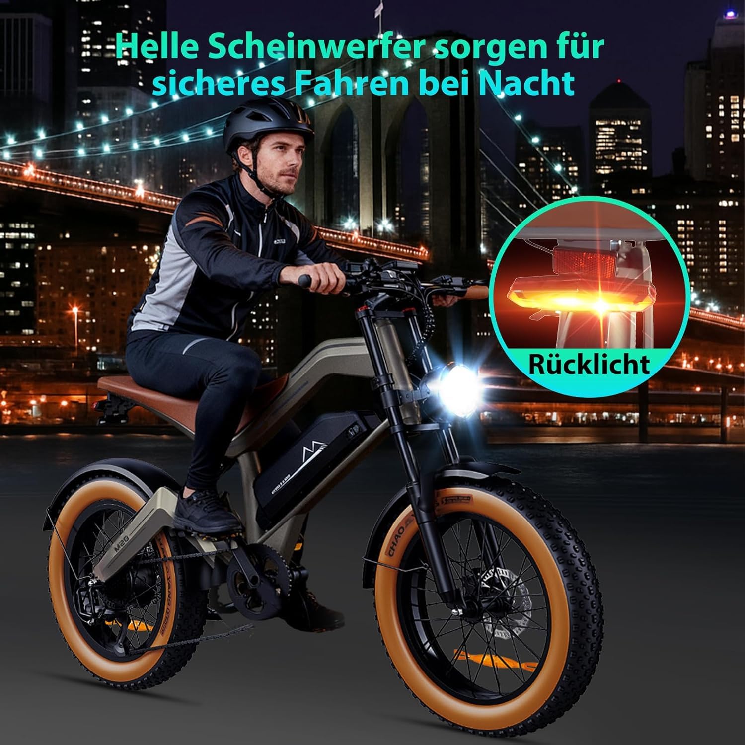 E-Bike - Bicicletta elettrica da uomo, per tutto terreno, con motore da 250 W, 74 NM, batteria da 48 V e 18,2 Ah, 20 x 4,0 pollici, 25 km/h, 7 marce fino a 100 km, freno a disco con app, M20