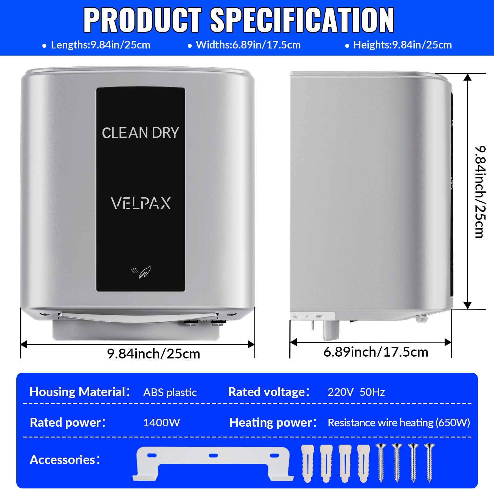 VELPAX Sèche-Mains 10 Secondes pour sécher,1400w Sèche-Mains électrique à économie d'énergie Automatique à Grande Vitesse,Convient Sèche-Mains Commercial pour Salle de Bain et Toilettes