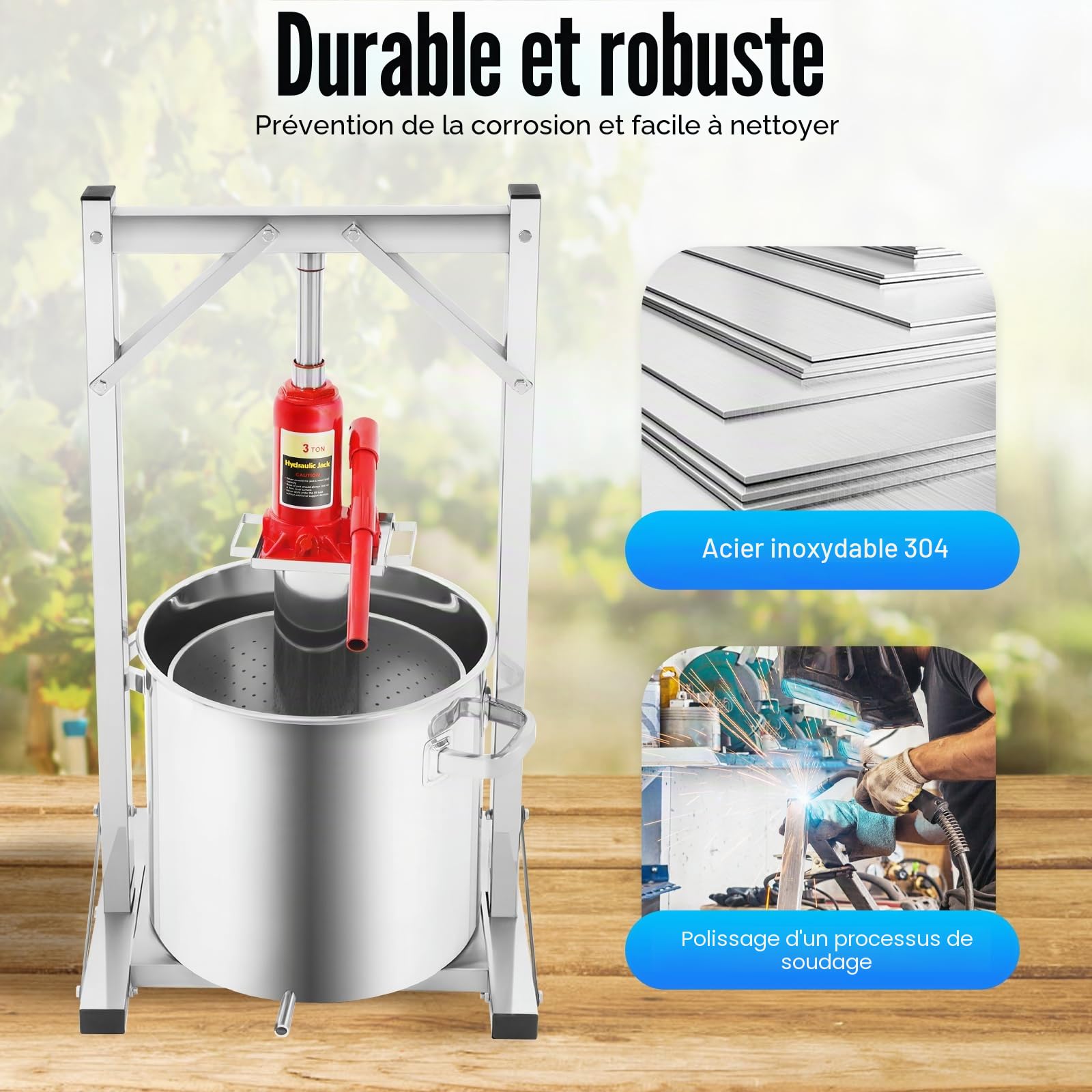 Presse-fruits hydraulique, 22 l, pression 3 tonnes, presse-vin, presse-vin, presse-légumes, presse-baies, presse-agrumes multifonction en acier inoxydable, avec filtre à vin, pour presser le miel, les