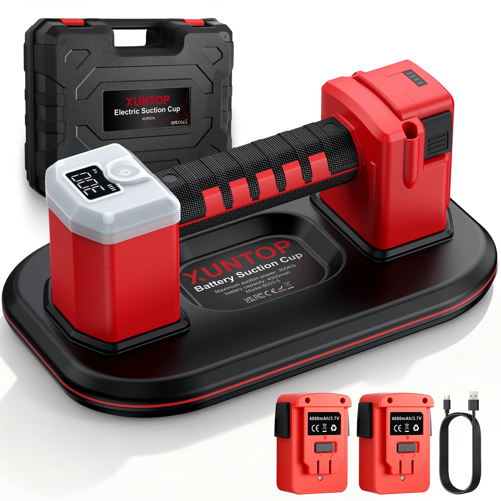 XUNTOP 10" Ventosa a Batteria Professionale 300KG a Doppio Motore 9000 Giri/min con Display LCD, Sollevatore Elettrico Aspirazione Automatica per Piastrelle e Vetro, con Extra Batteria di Ricambio