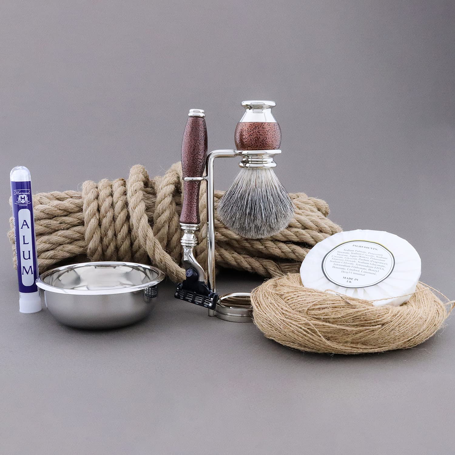 Haryali London 6Pc Mens Shaving Kit 3 Edge Razor With Black Badger Hair Shaving Brush, Stand, Soap, Bowl and Alum Perfect Set For Men