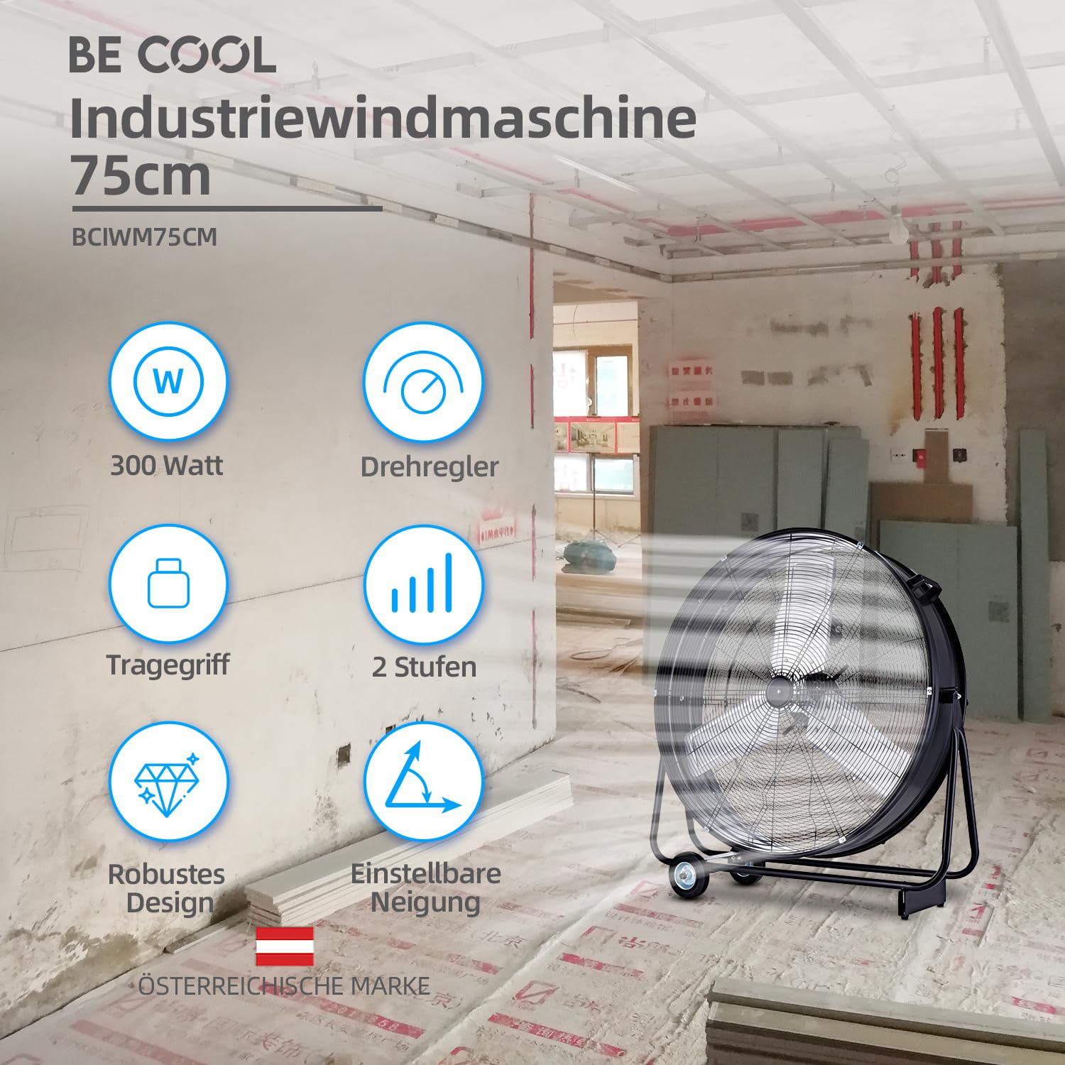 Be Cool Macchina eolica industriale 75 cm BCIWM75 cm – Ventilatore a tamburo guidabile, Ø 75 cm (30"), 300 Watt, motore in rame, 2 velocità, pale rotore in alluminio, griglia di protezione per