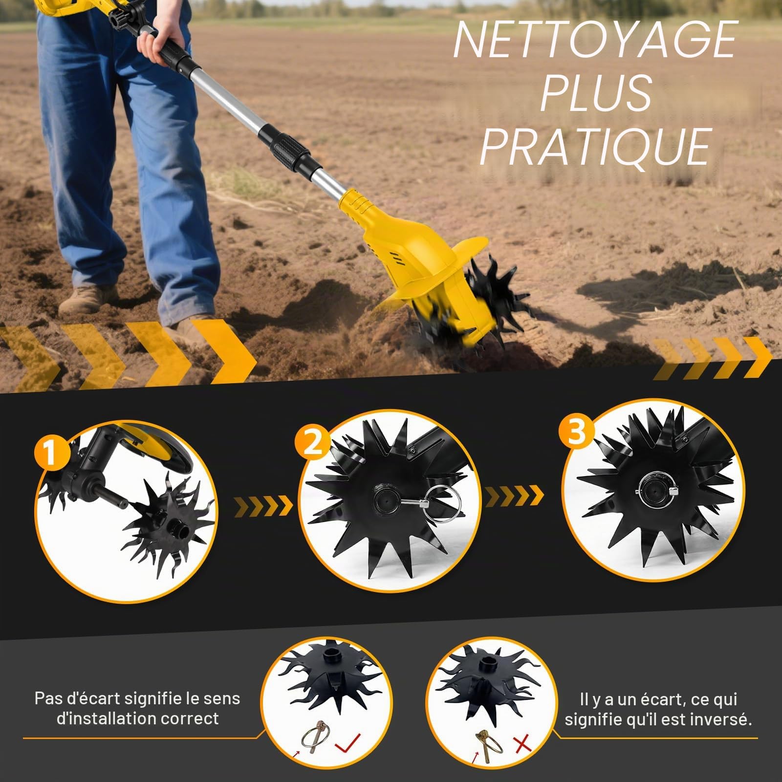 Cultivateur de jardin sans fil compatible avec batterie Dewalt 20 V (sans batterie), rotavateur de jardin sans balais de 500 W avec profondeur de labour de 16 cm et largeur de labour de 20 cm