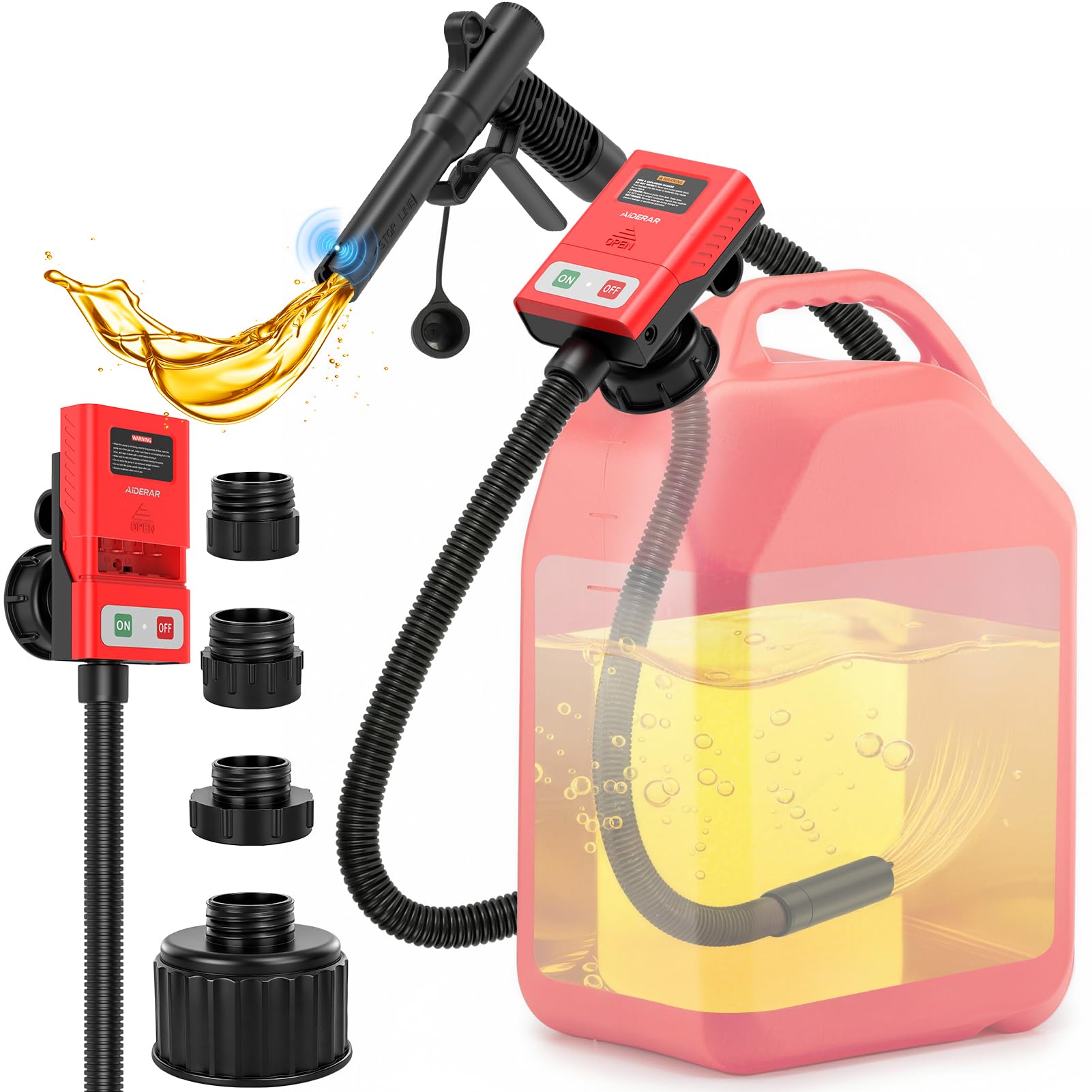 Photo 1 of AIDERAR Fuel Transfer Pump with Auto-Stop, 3.8 GPM, 71" Hose, Gas Can Fuel Pump with 4 Adapters, Battery Powered, Liquid Transfer Pump for Gasoline, Diesel, Kerosene