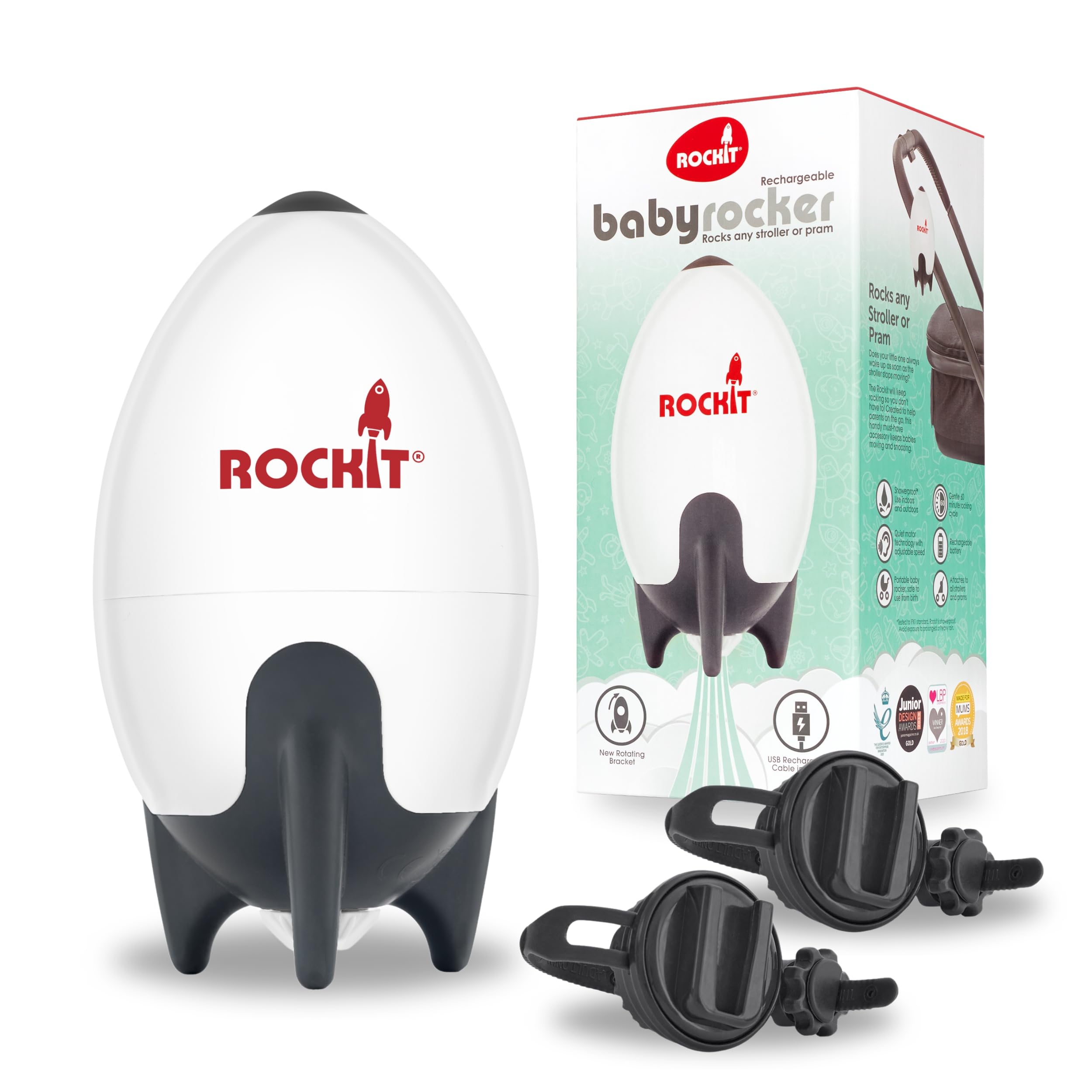 ROCKIT Kinderwagenschaukler SET -Das Original- Einschlafhilfe Baby wiederaufladbar (USB), stufenlos einstellbar & ultraleise mit 60-Min Timer - inkl. 2 Halterungen, schaukelt Kinderwagen & Buggy
